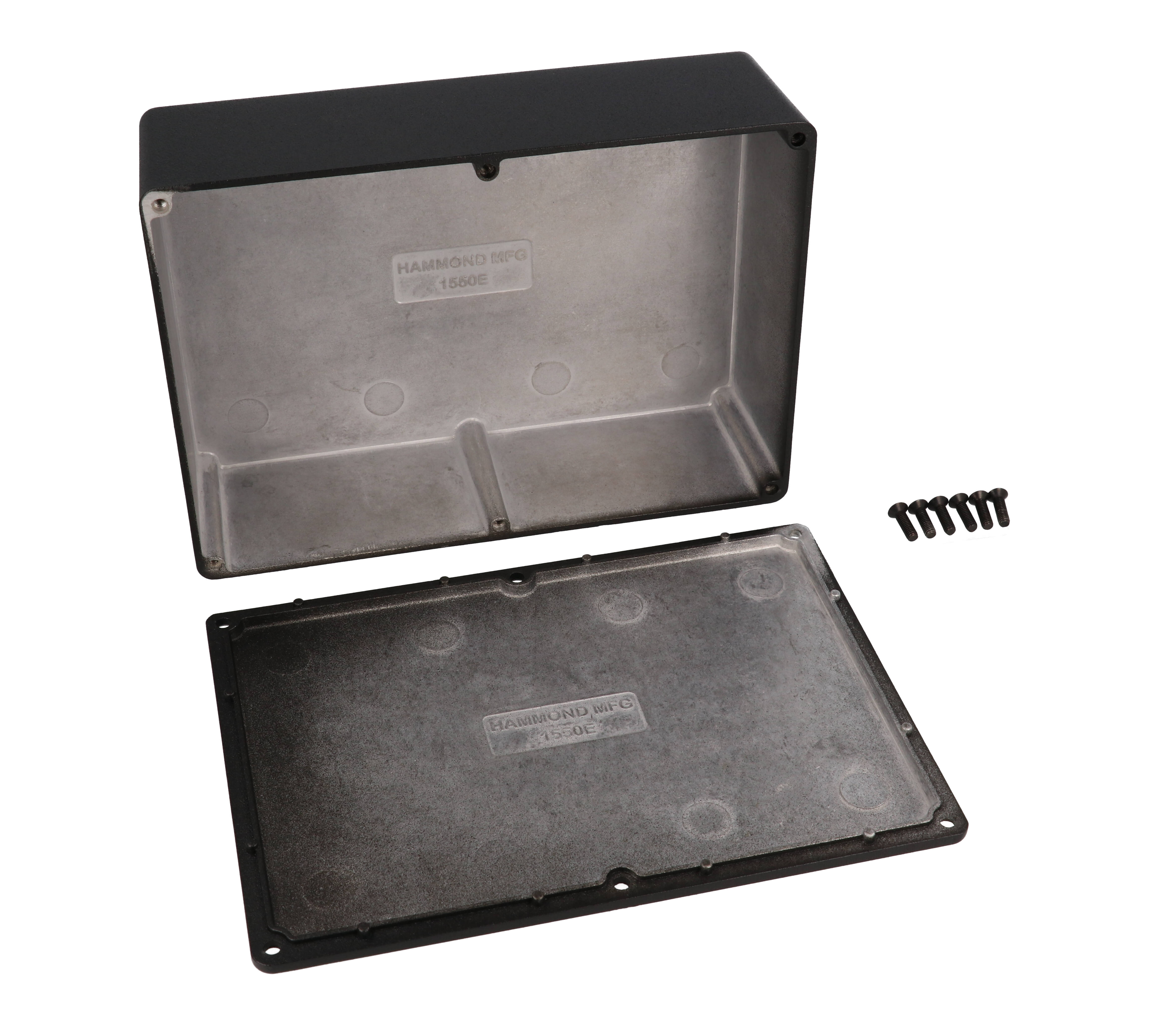 1550EBK black powder coated diecast aluminum enclosure, 171 mm x 121 mm x 51 mm, with screw-down lid