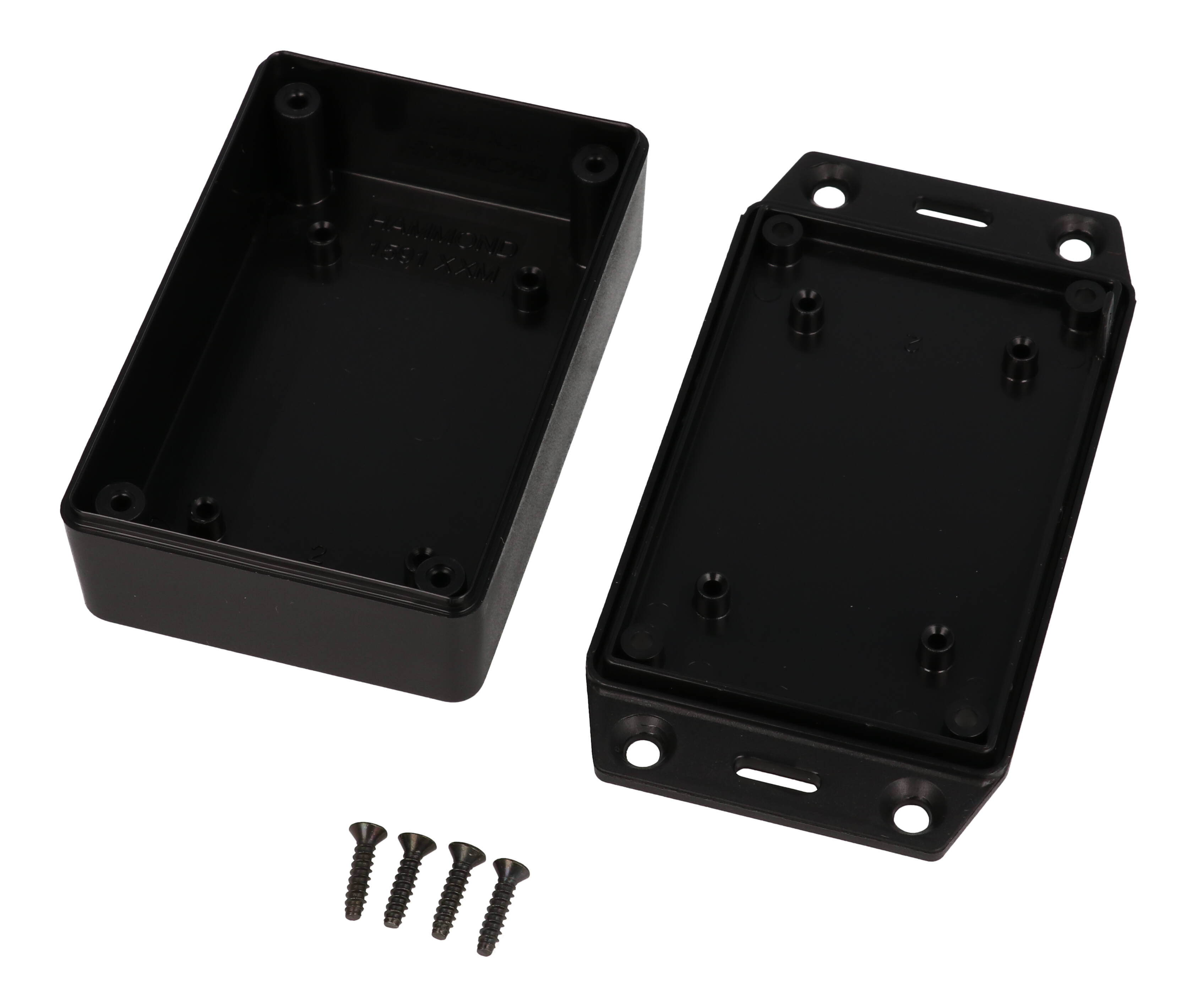1591XXMSFLBK black ABS plastic flanged-lid enclosure with PC board standoffs, 86 x 57 x 27 mm