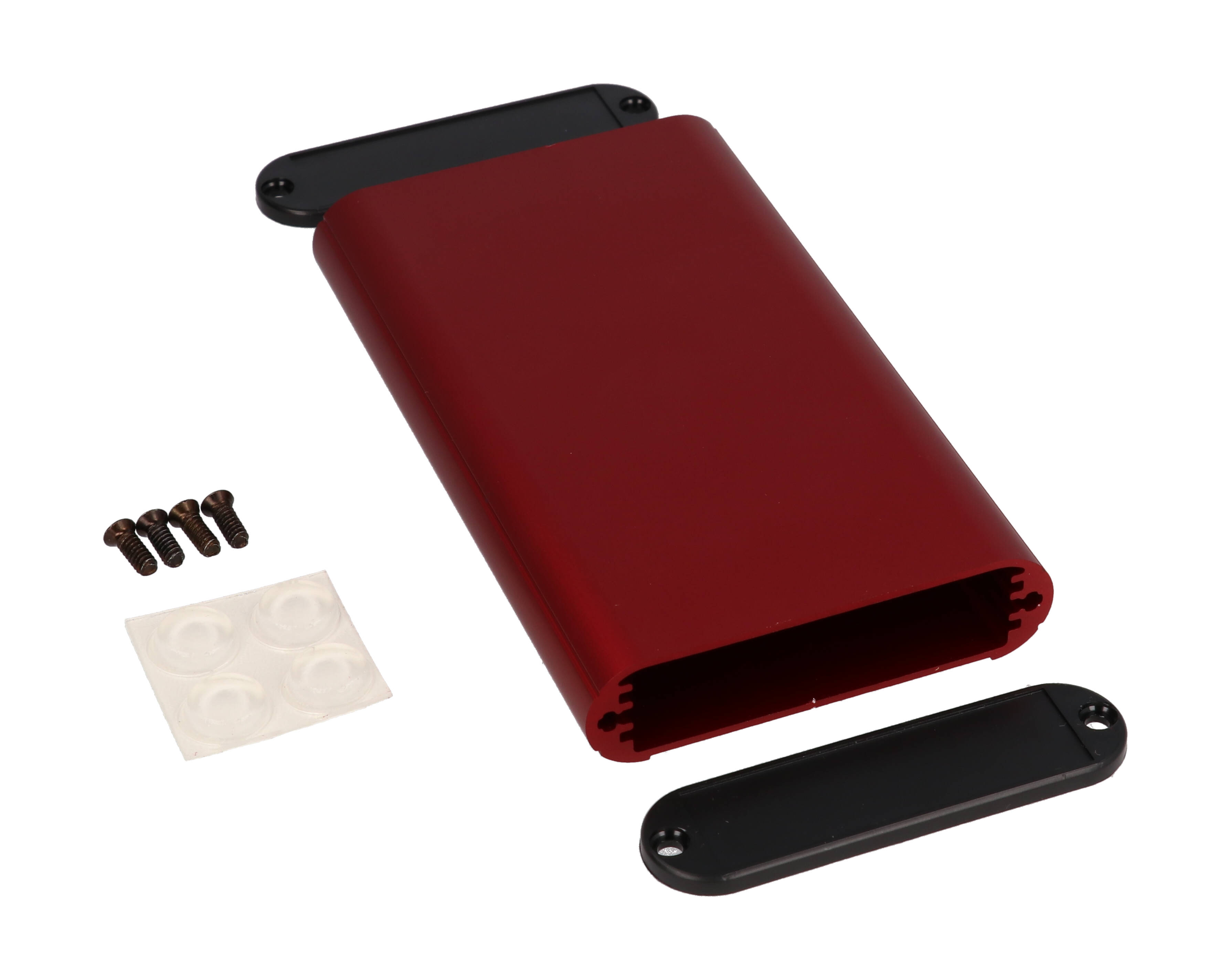 1455B1202RD red anodized extruded aluminum PC board enclosure, 120 x 72 x 19 mm, with plastic end panels
