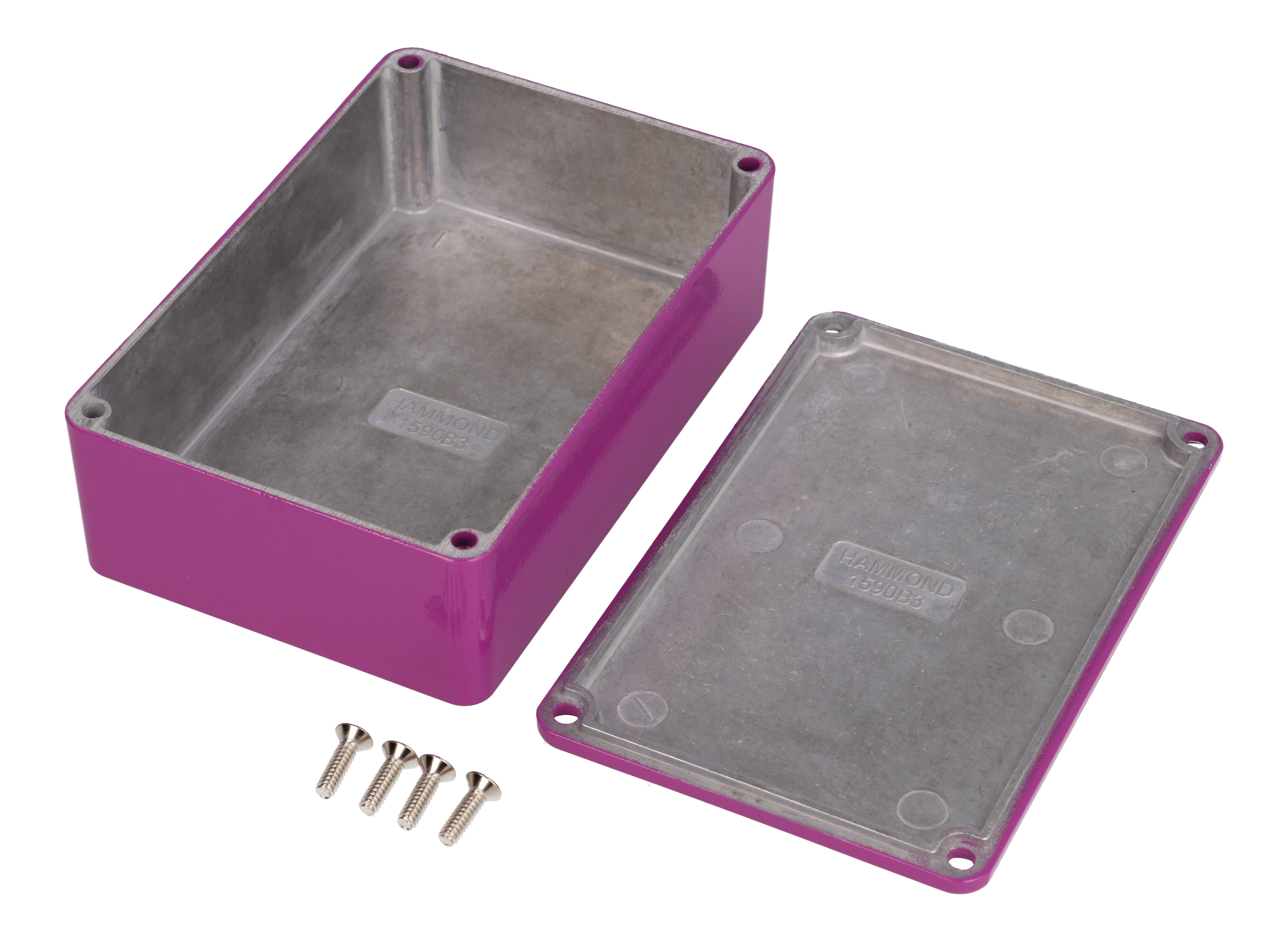1590B3PR purple powder coated diecast aluminum stomp box enclosure, 116 x 77 x 38 mm, with lid