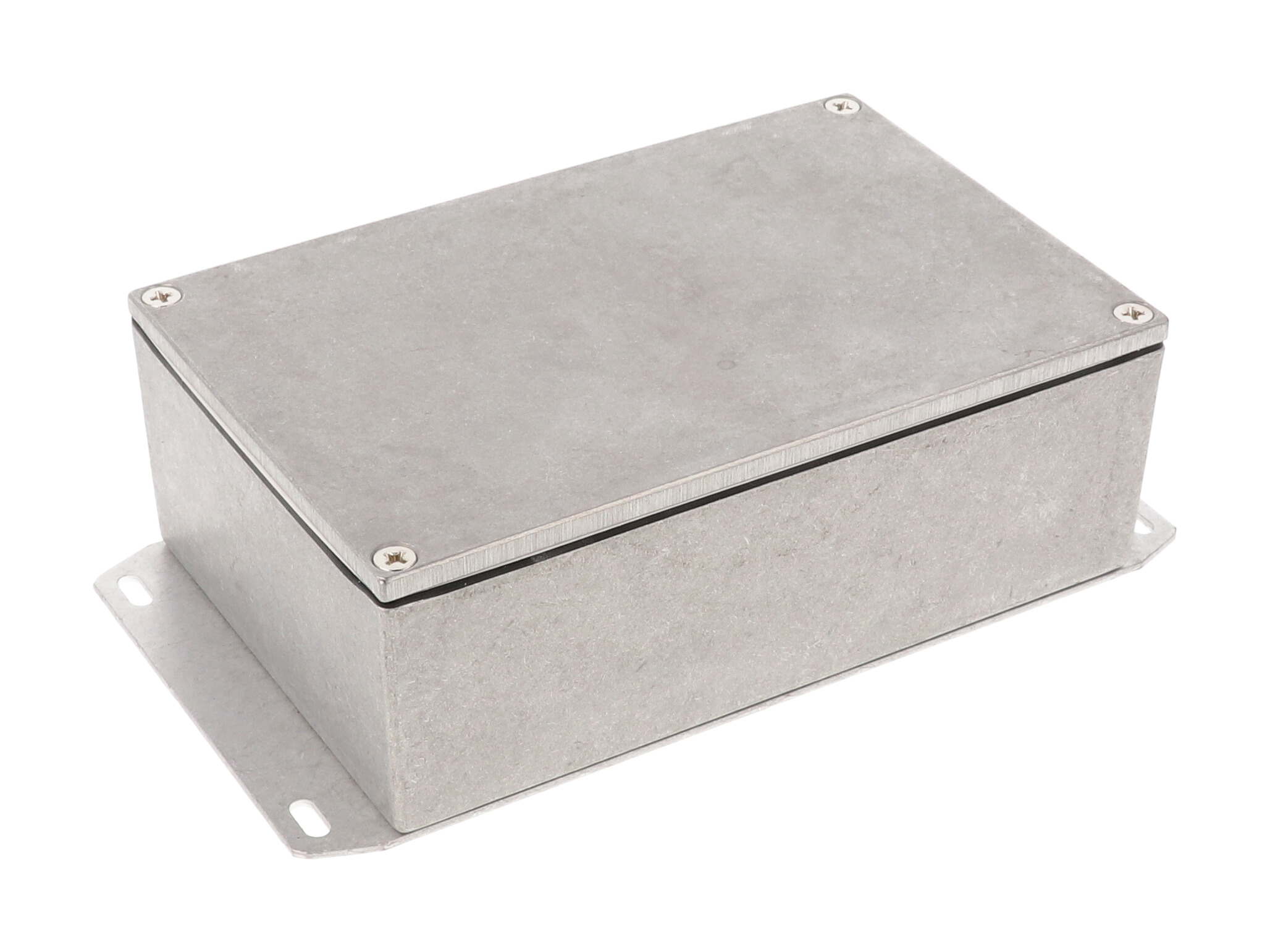 1590WJF natural aluminum IP65 watertight diecast enclosure, 145 x 95 x 49 mm, with flanged bottom plate