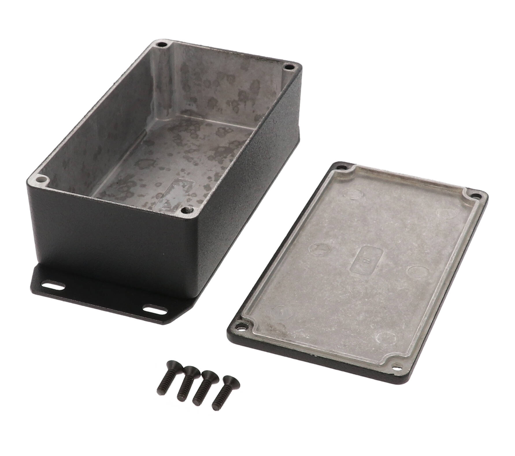 1590N1FBK black textured 121 x 66 x 40 mm diecast aluminum enclosure with welded bottom mounting flange