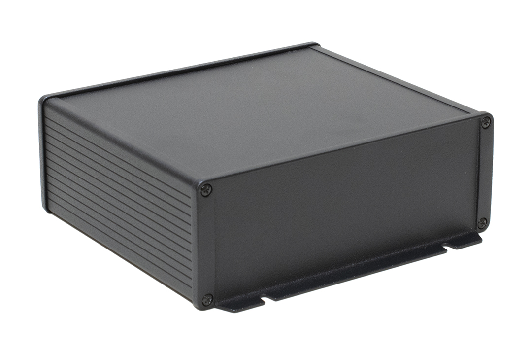 Hammond 1457U1602EBK black powder coat EMI shielded extruded aluminum enclosure, 160 x 191 x 68 mm, with flanged black diecast end panels