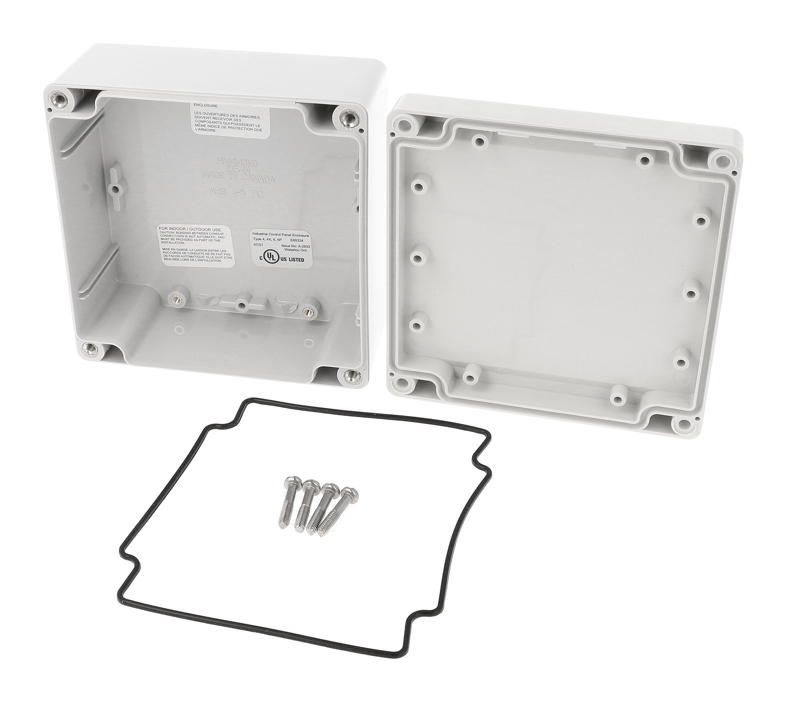 1555N2GY light gray polycarbonate NEMA 4X enclosure, 120 x 120 x 60 mm, with styled lid