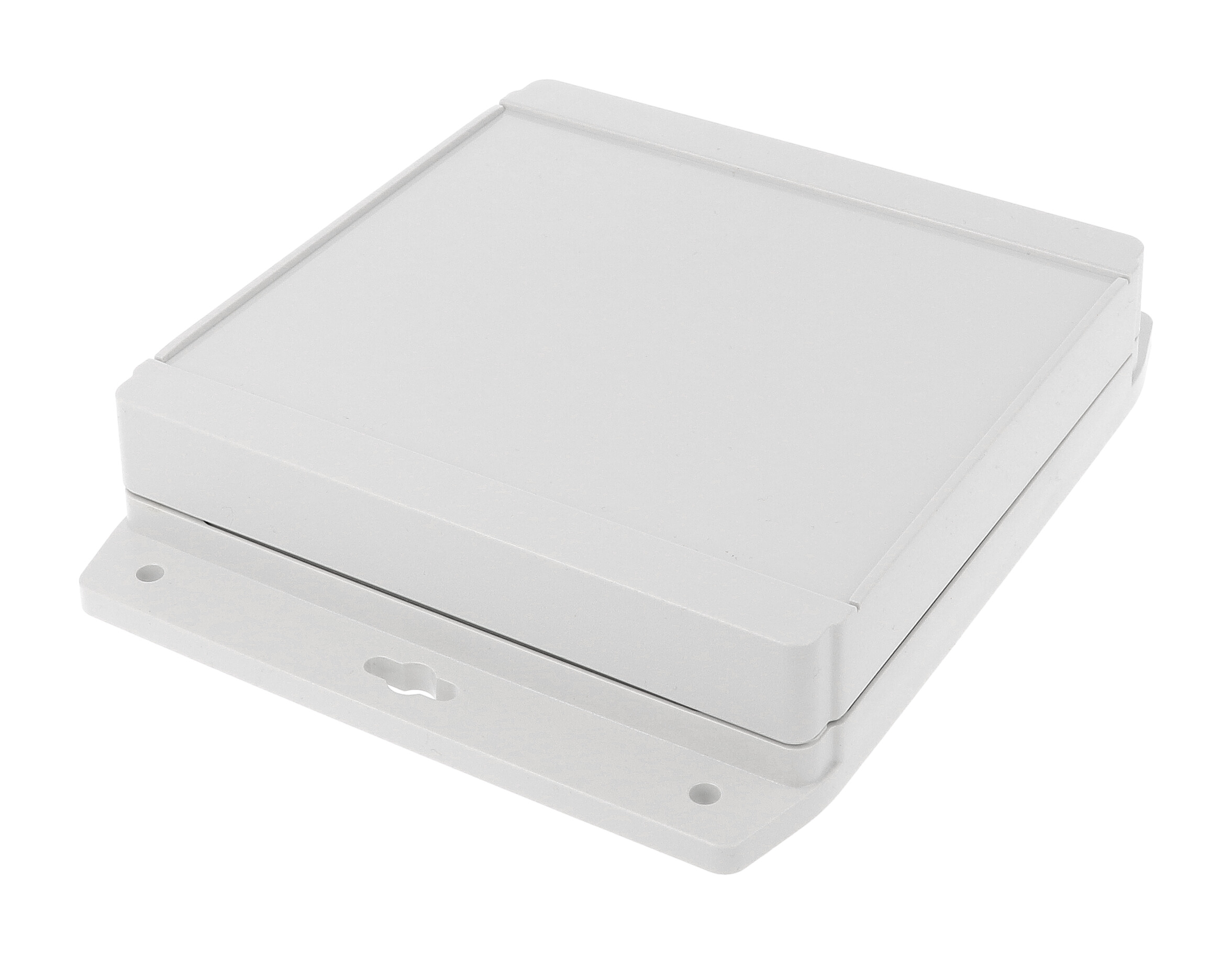 1555R2F17GY light gray polycarbonate low-profile flanged enclosure, 160 x 160 x 38 mm