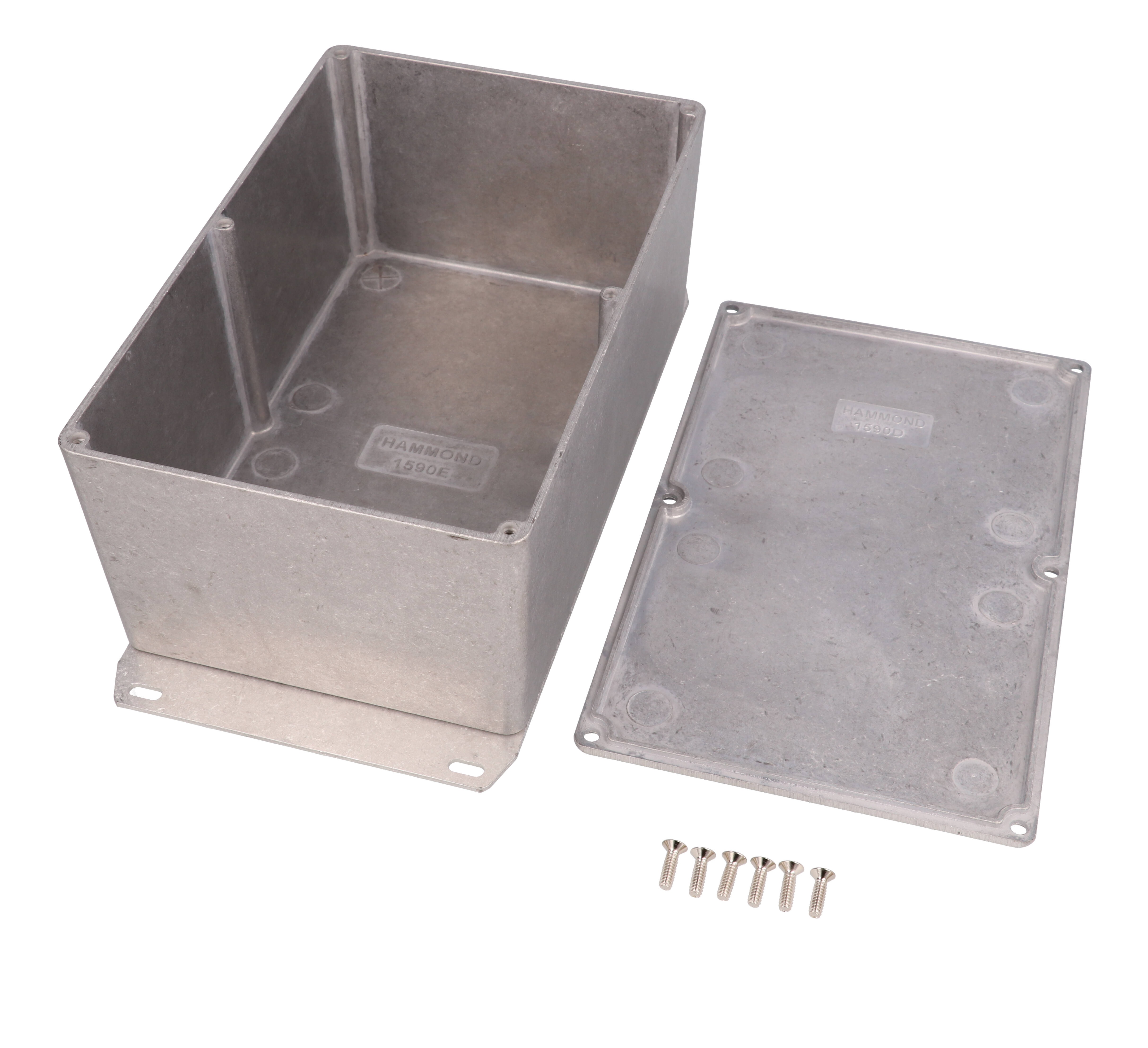 1590EF natural diecast aluminum enclosure with welded flanged bottom plate, 188 x 120 x 82 mm