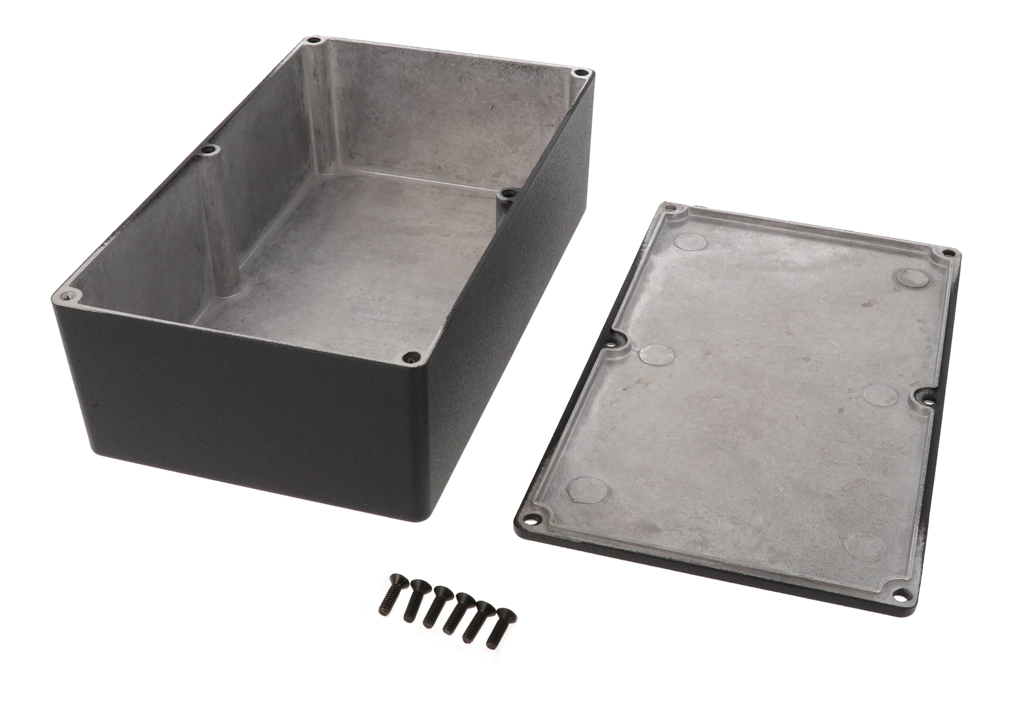 1590DEBK textured black diecast aluminum enclosure, 200 x 120 x 64 mm, with black lid screws