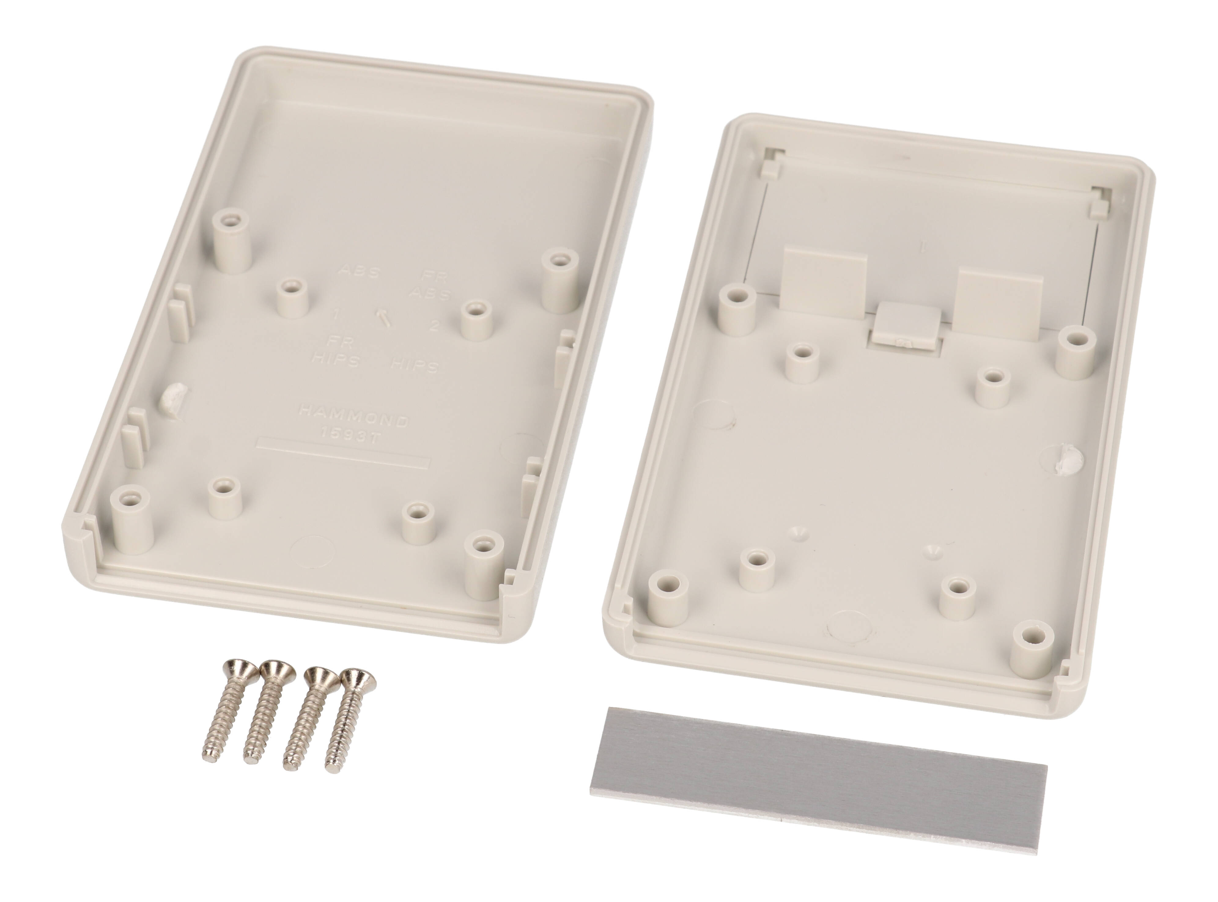 1593TALGY light gray ABS hand held instrument enclosure, 112 x 66.5 x 21 mm, with aluminum end panel and battery door
