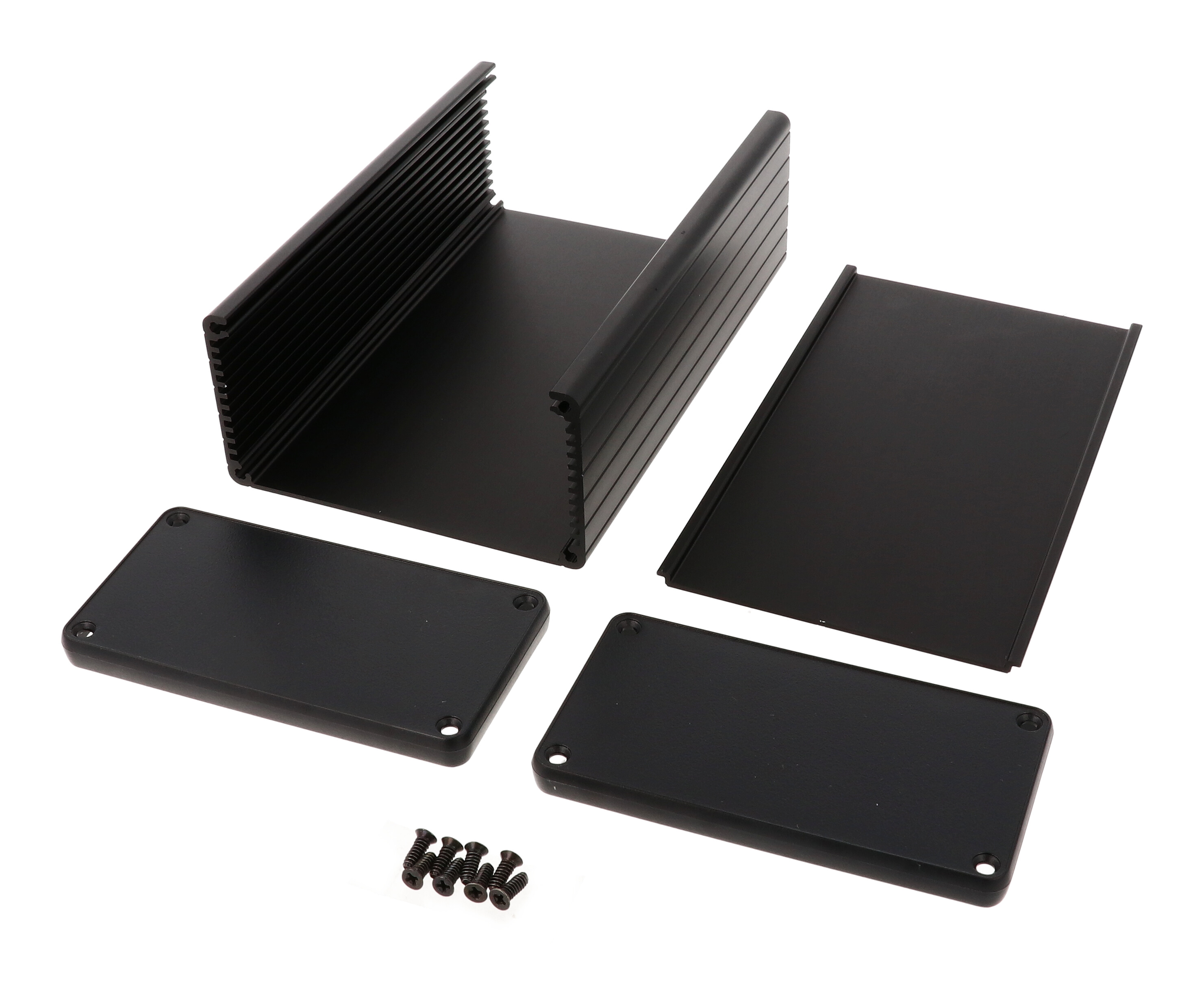 1455N1602BK black anodized extruded aluminum enclosure, 160 x 103 x 53 mm, with plastic end panels