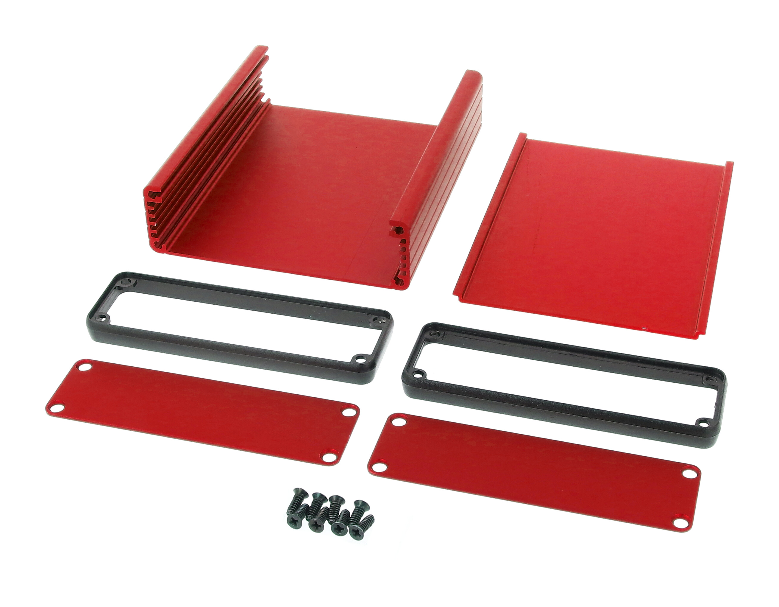 1455L1201RD red anodized extruded aluminum PC board enclosure, 120 x 103 x 30.5 mm, with aluminum end panels and black bezels