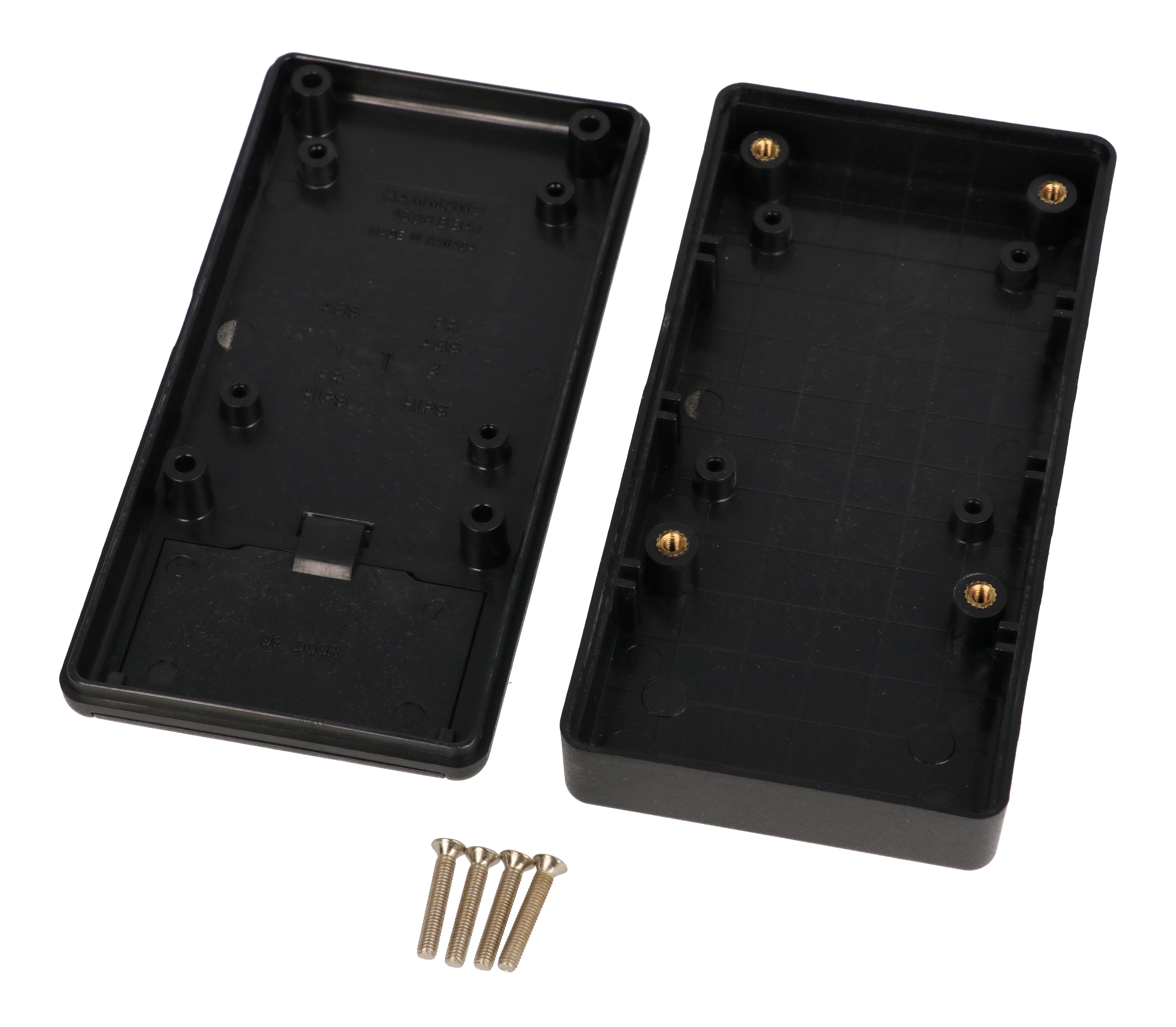 1599RFIBBKBAT black EMI/RFI shielded handheld enclosure with battery door, 130 x 65 mm