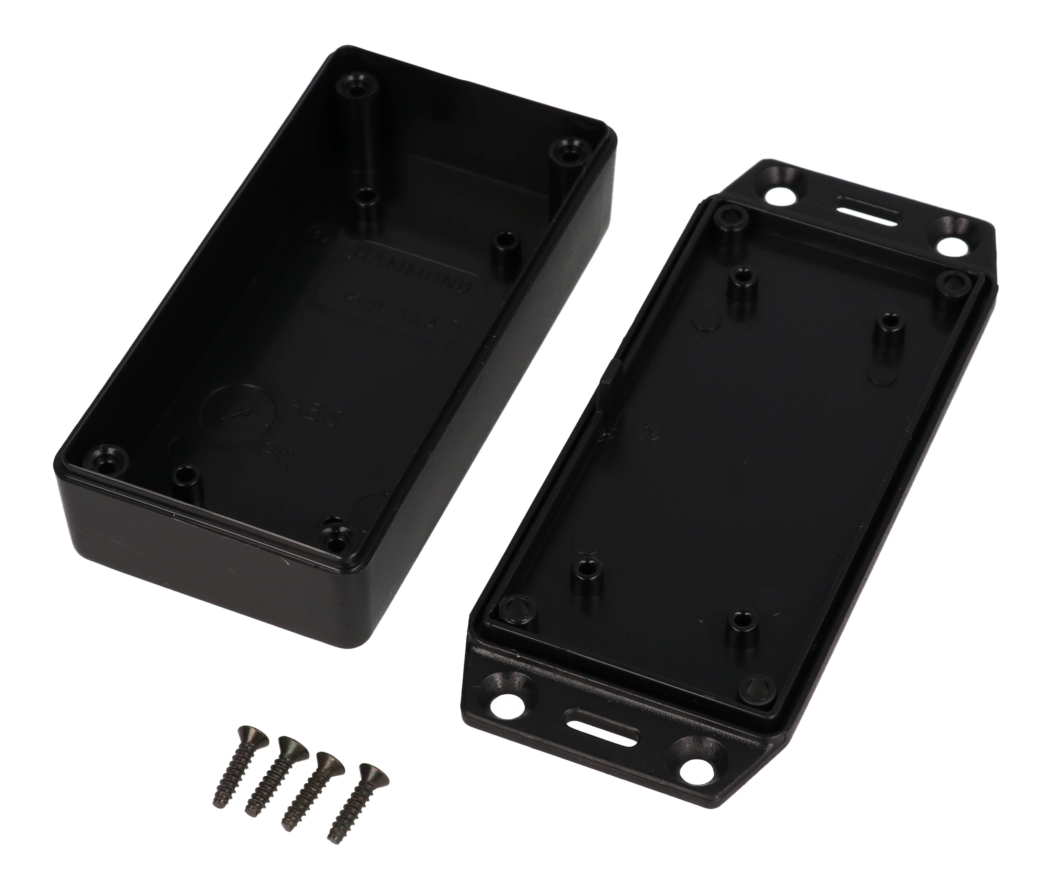 1591XXASFLBK black economy ABS enclosure with flanged mounting lid and self-tapping screws