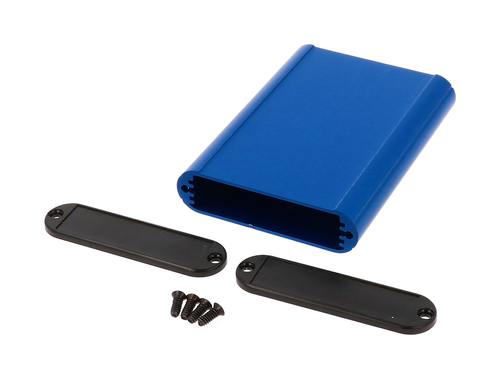1455B1002BU blue anodized extruded aluminum PC board enclosure, 100 x 72 x 19 mm, with plastic end panels