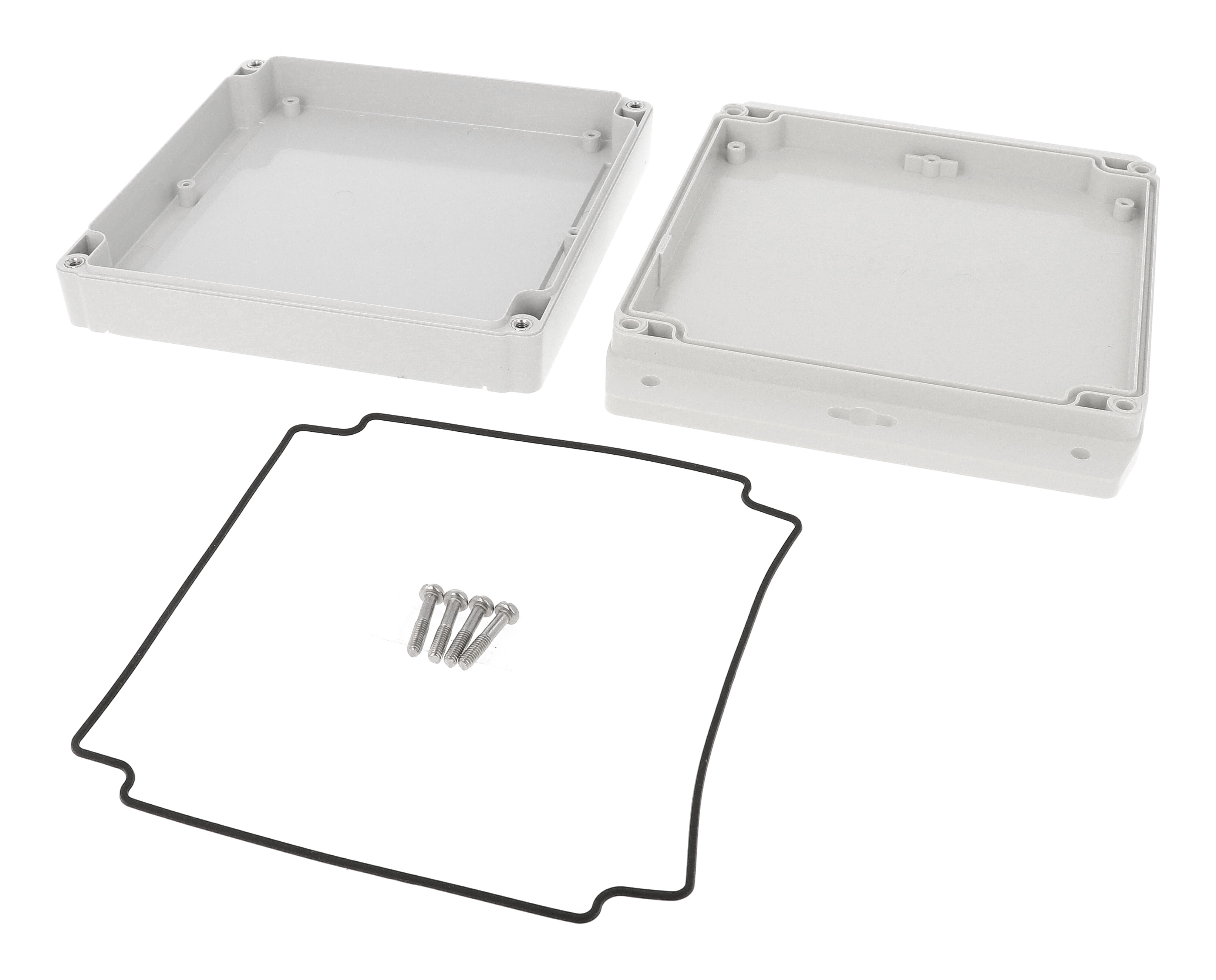 1555RF17GY light gray ABS low-profile flanged enclosure, 160 x 160 mm footprint