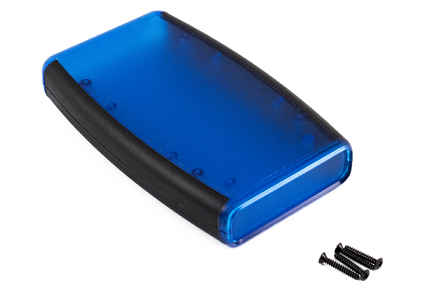 1553DTBUBK translucent blue ABS large handheld enclosure with black overmold