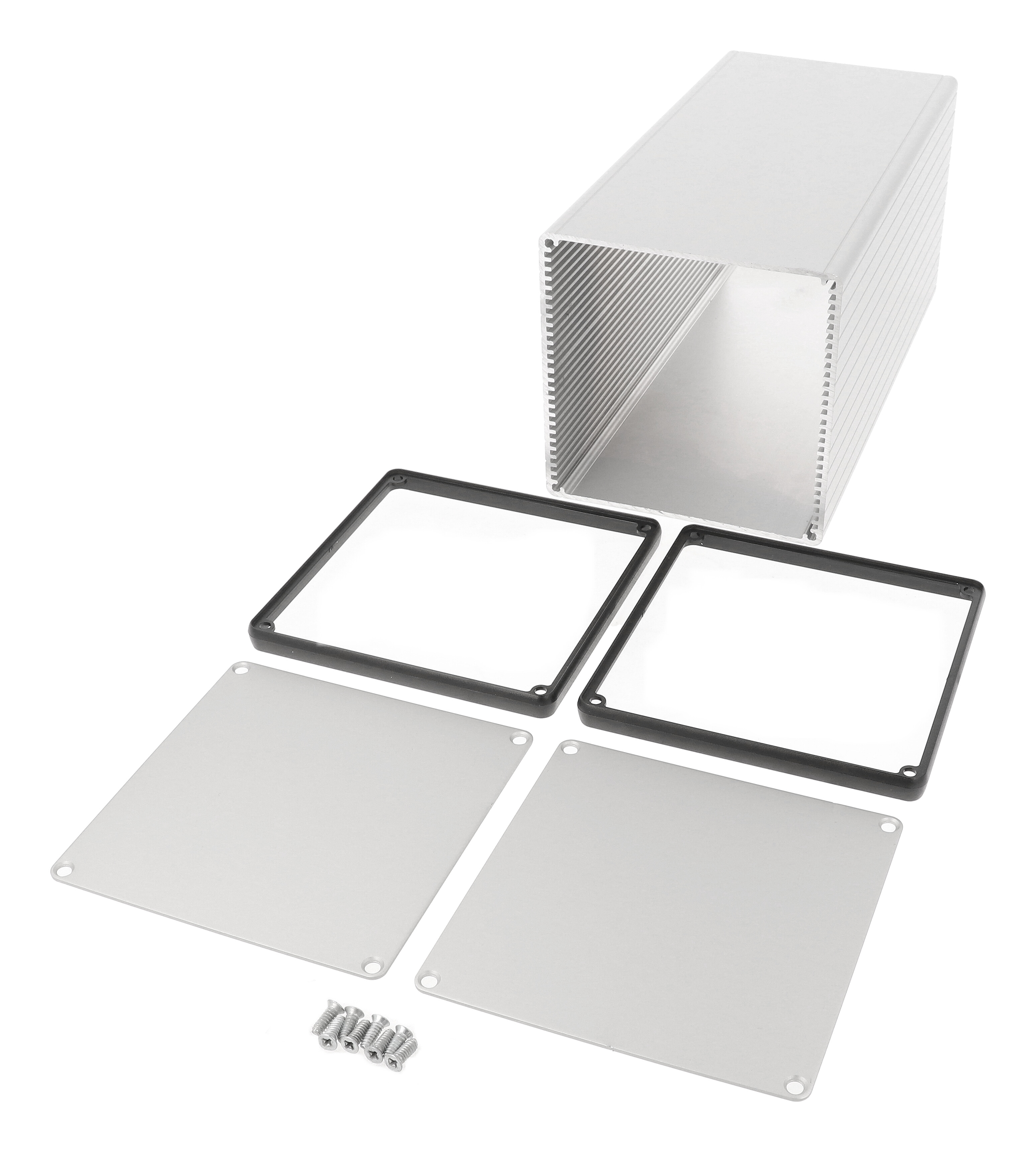 1455NS2201 clear anodized square extruded aluminum enclosure, 220 x 103 x 103 mm, with aluminum end panels and open bezels