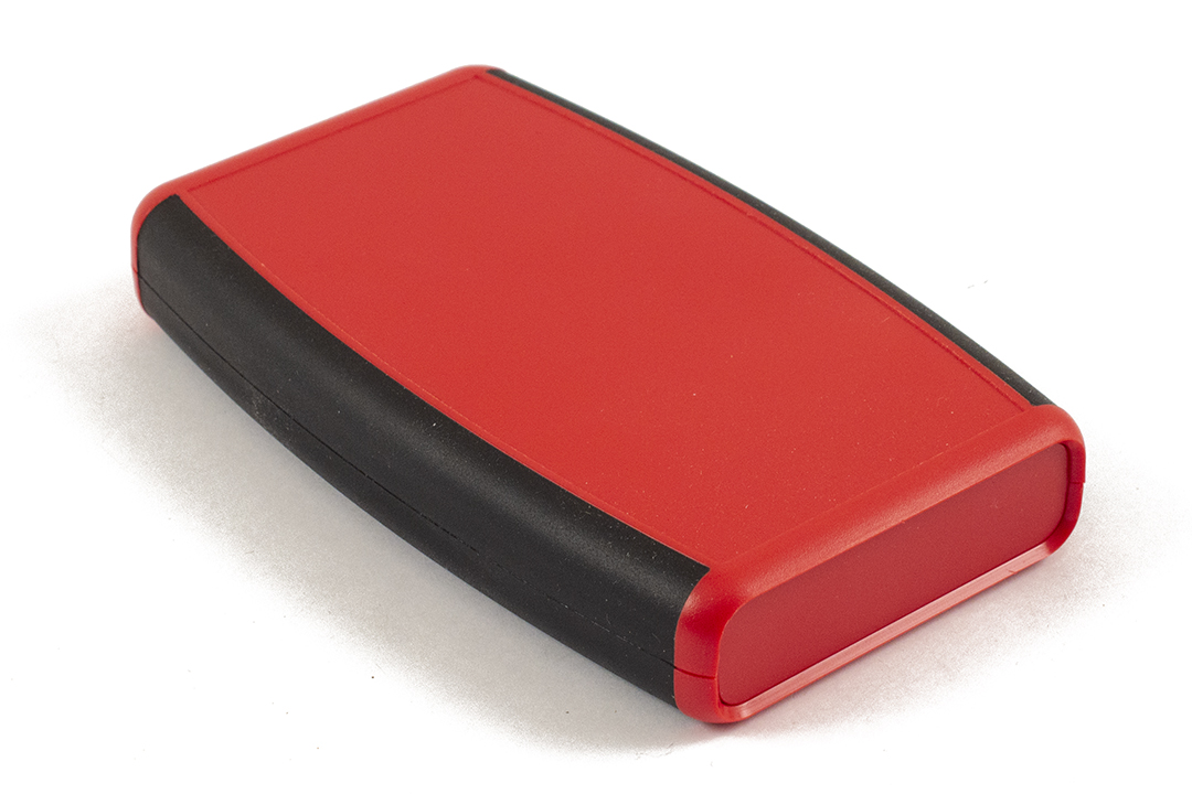 1553DRDBKBAT red handheld enclosure with black overmold and battery door