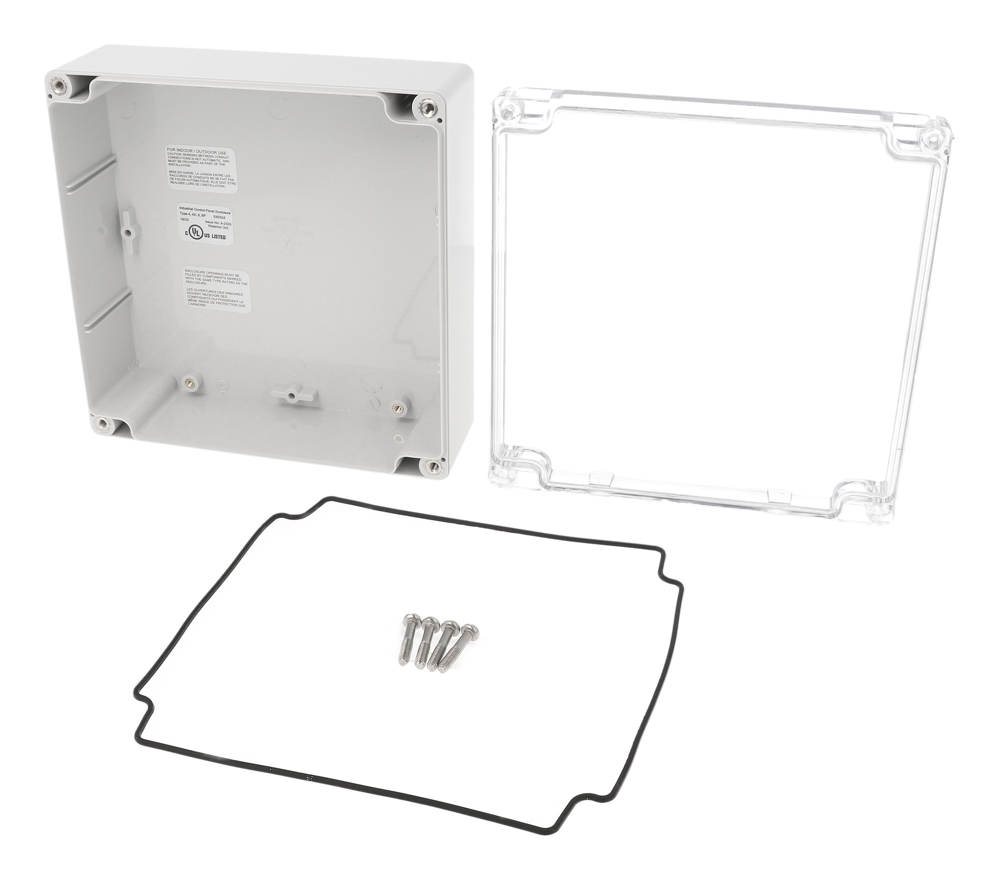 1554R2GYCL polycarbonate enclosure with clear lid, 160 x 160 x 61 mm, light gray base