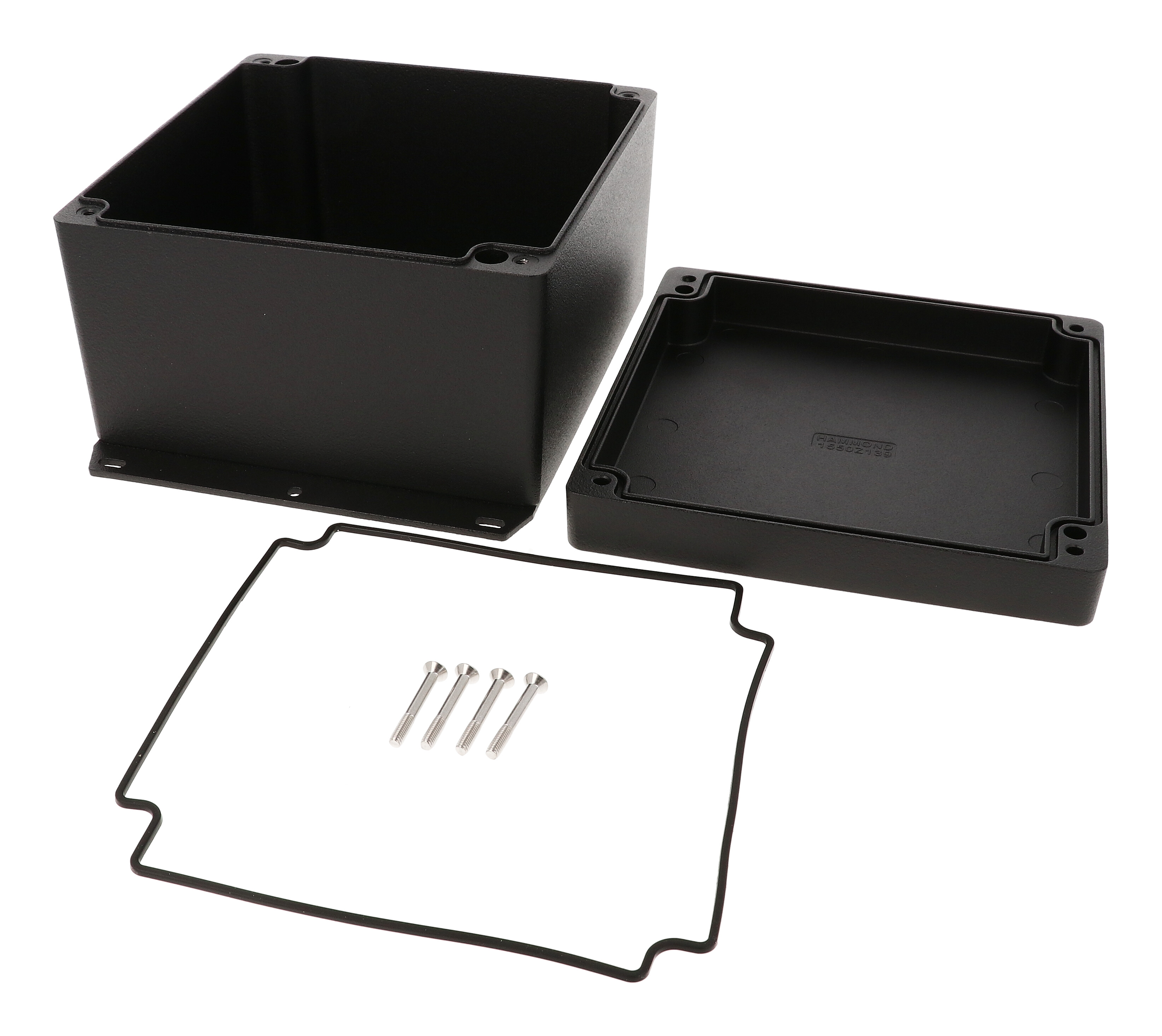 Hammond 1550Z139FBK black textured 159 mm square flanged diecast watertight enclosure
