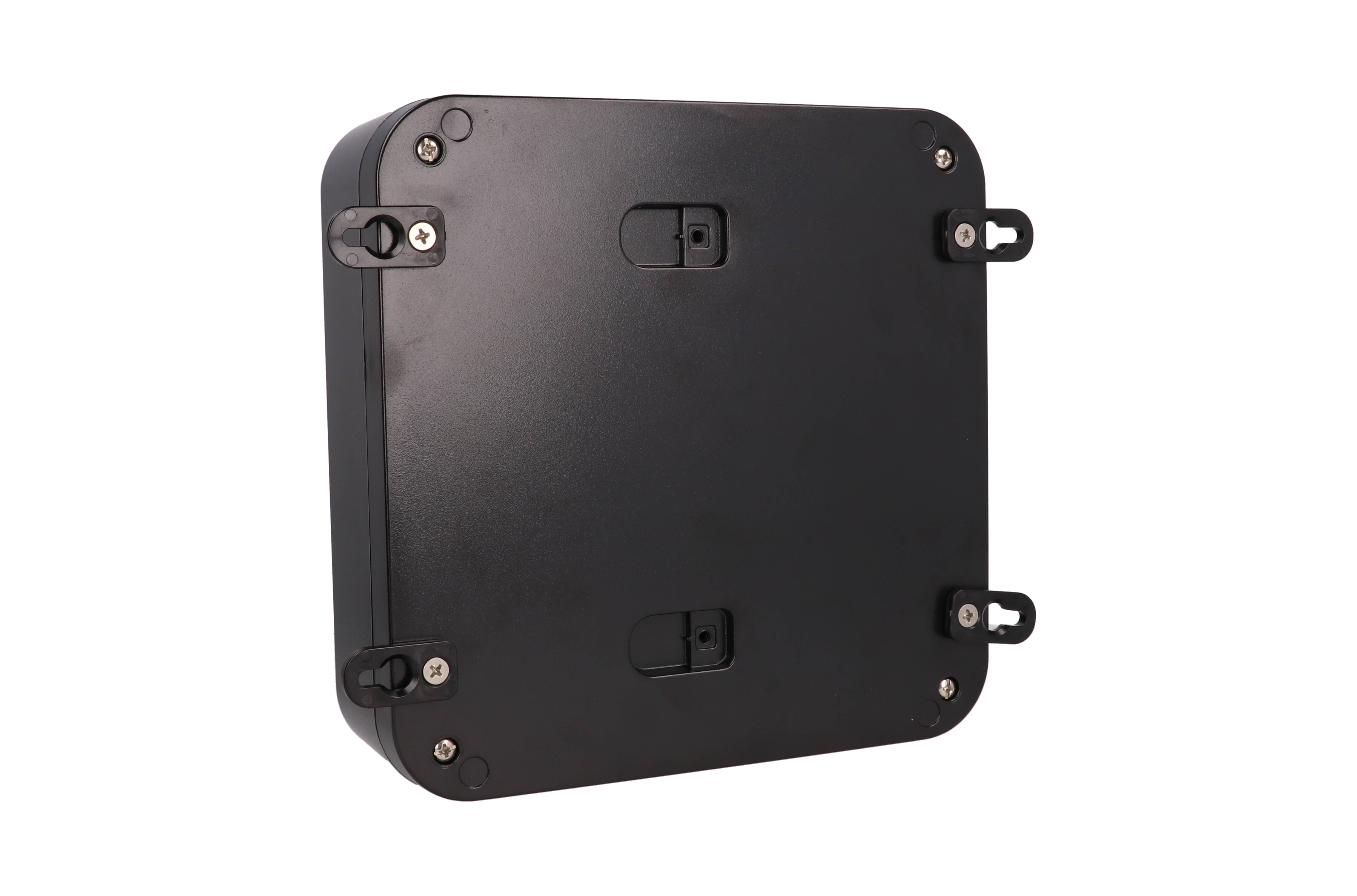 1557HA2BK black polycarbonate watertight enclosure, 200 x 200 x 70 mm, with rounded corners and gasketed screw-down lid