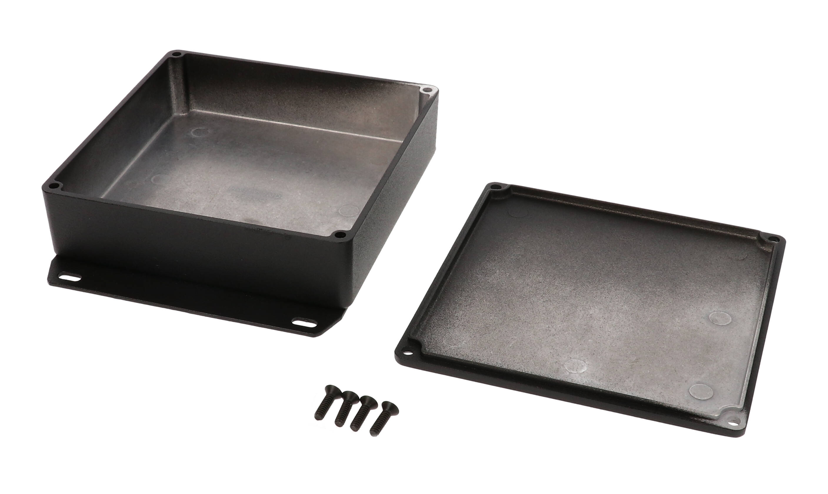 1590QFBK black diecast aluminum enclosure with welded flanged bottom plate, 120 x 120 x 34 mm
