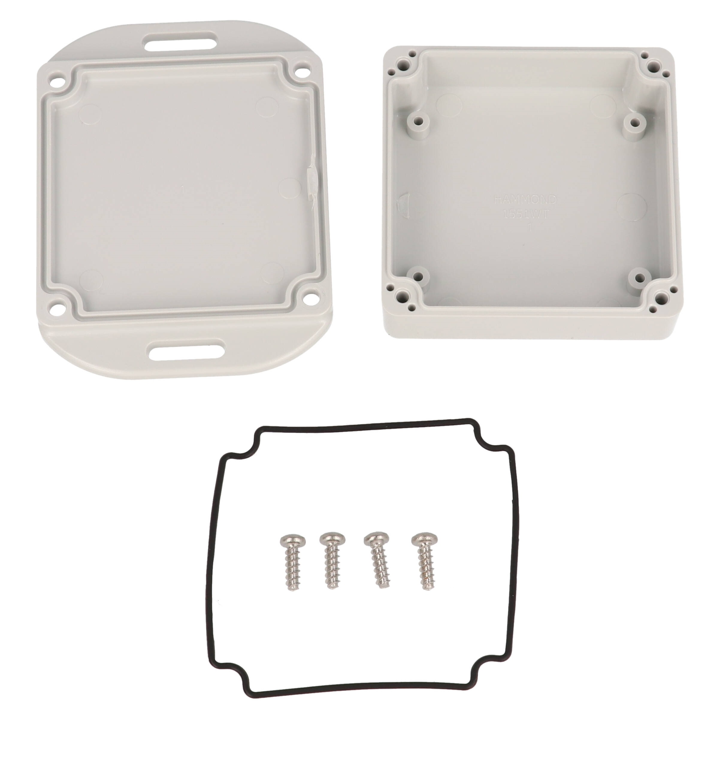 1551WTFLGY light gray 60 x 60 x 22 mm watertight polycarbonate enclosure with integrated mounting flanges