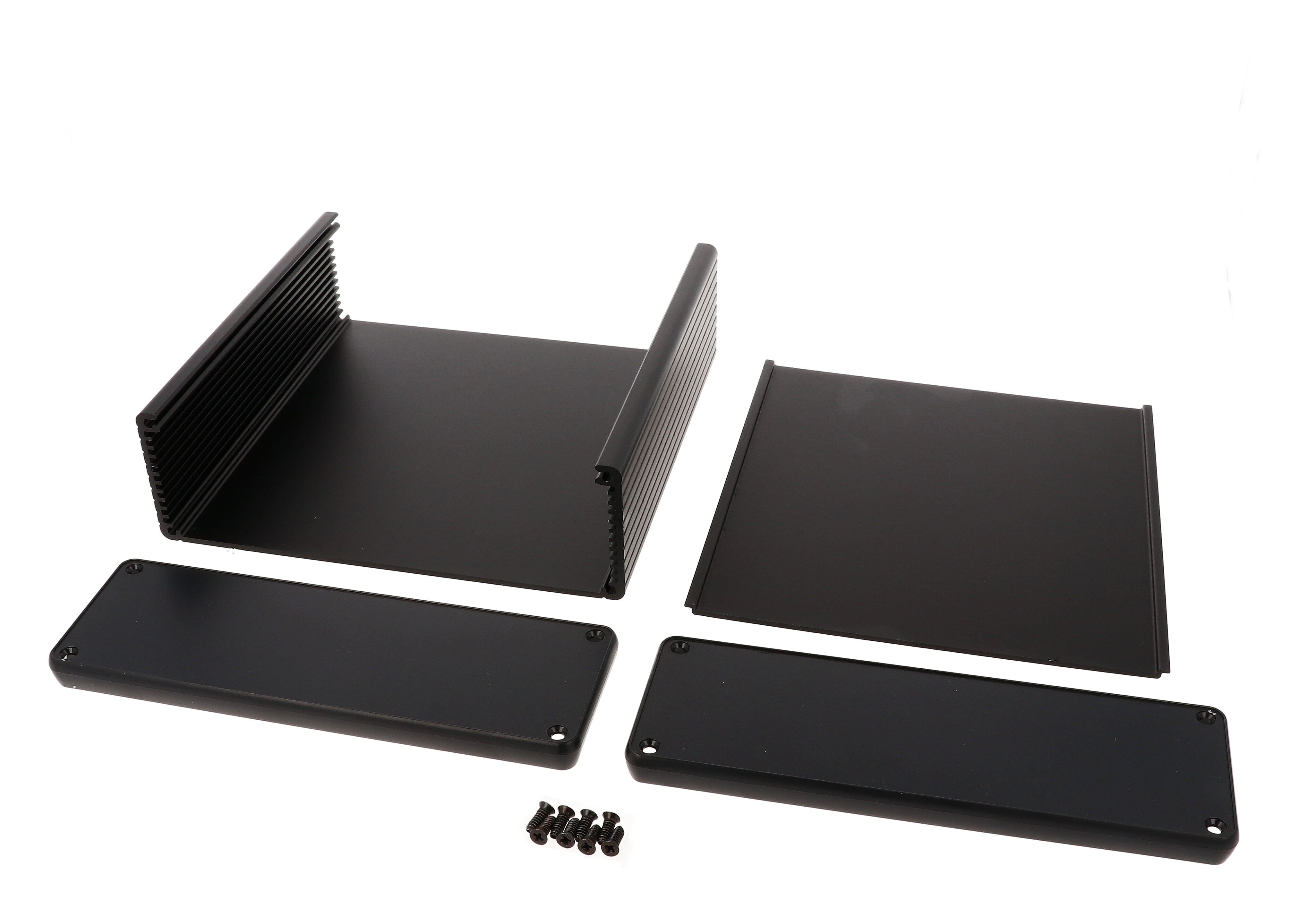 1455T1602BK black anodized extruded aluminum enclosure with black plastic end panels