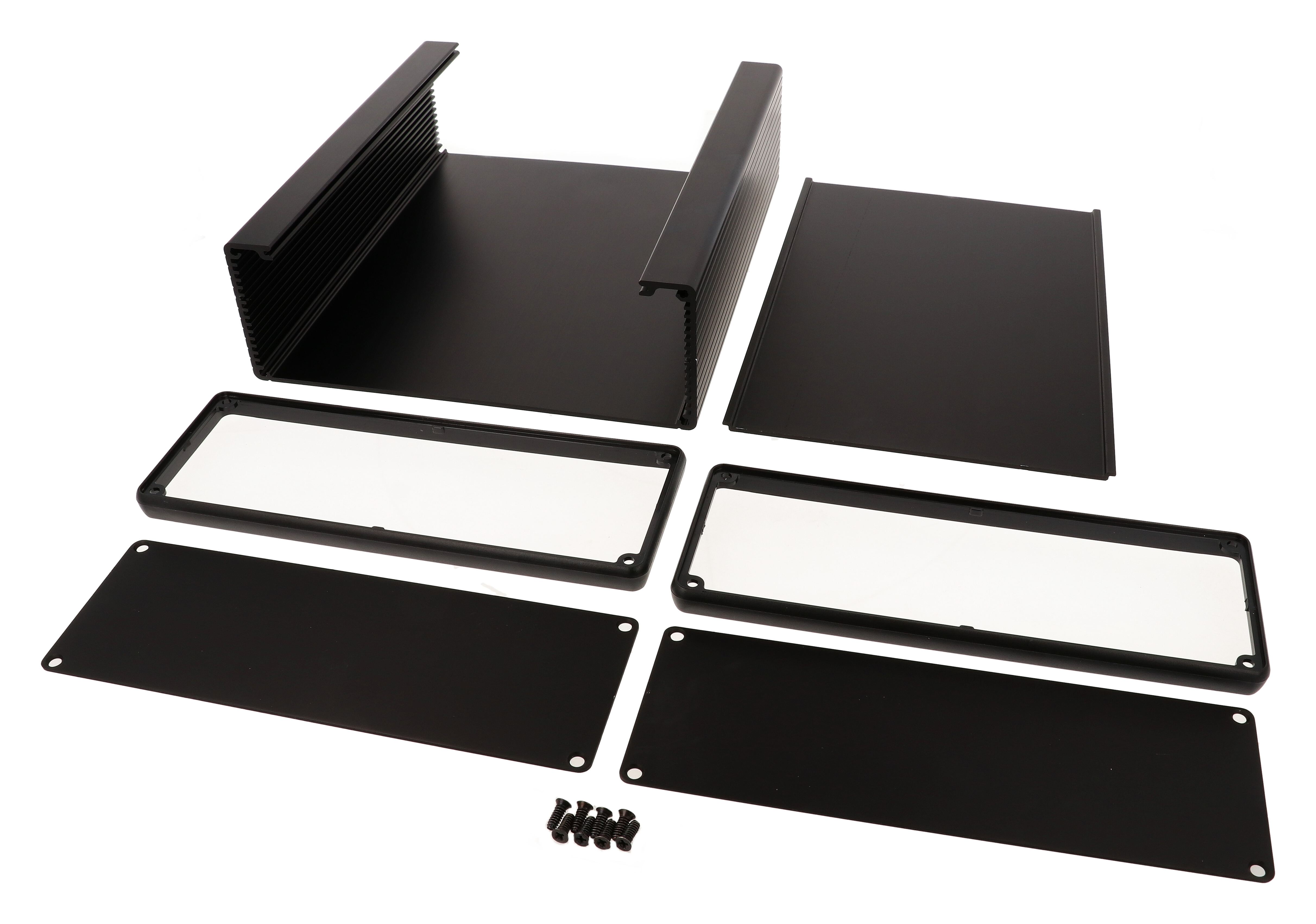 1455U2201BK black anodized extruded aluminum enclosure, 220 x 191 x 66 mm, with aluminum end panels and black open bezels
