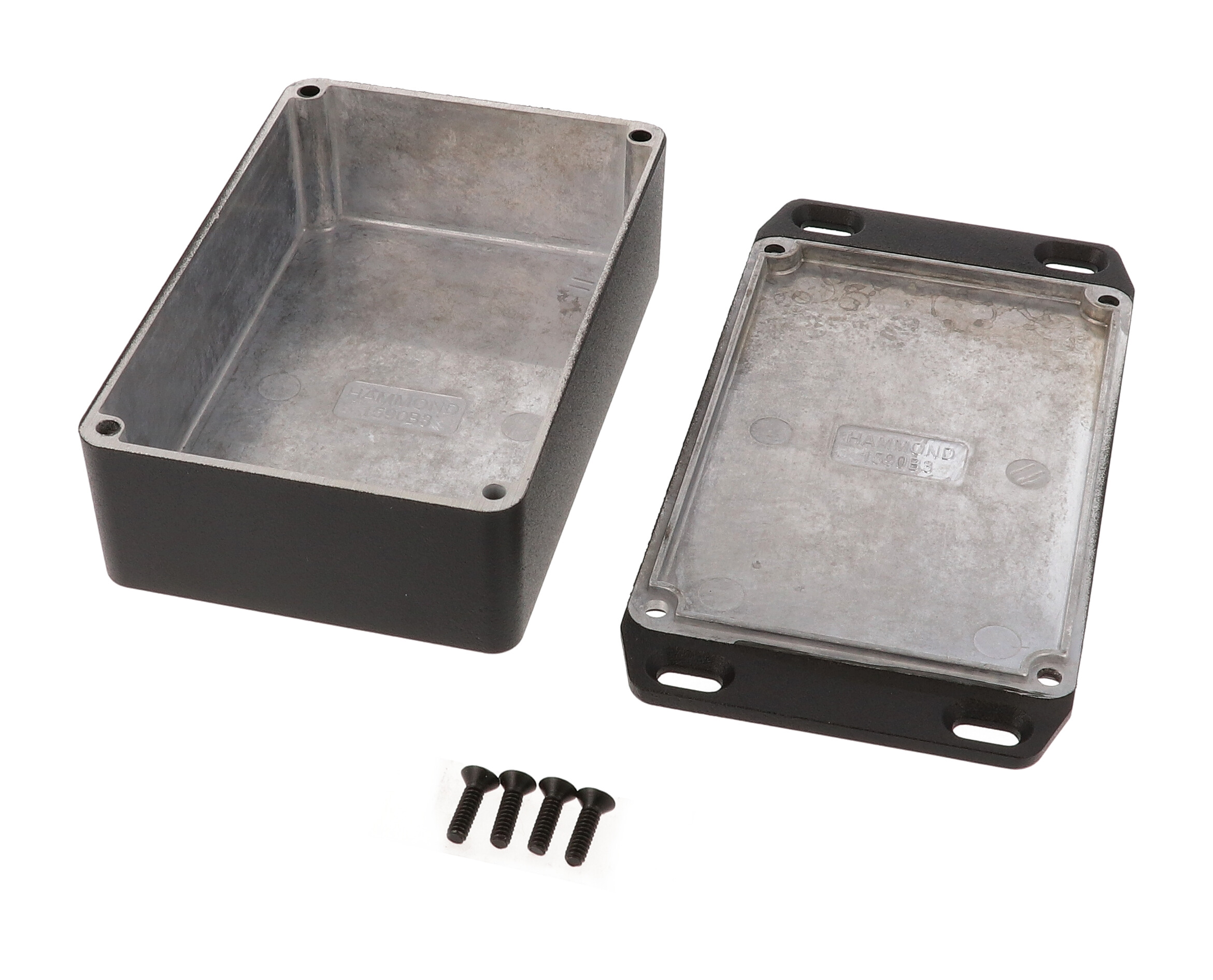 1590B3FLBK textured black diecast aluminum enclosure with flanged mounting lid