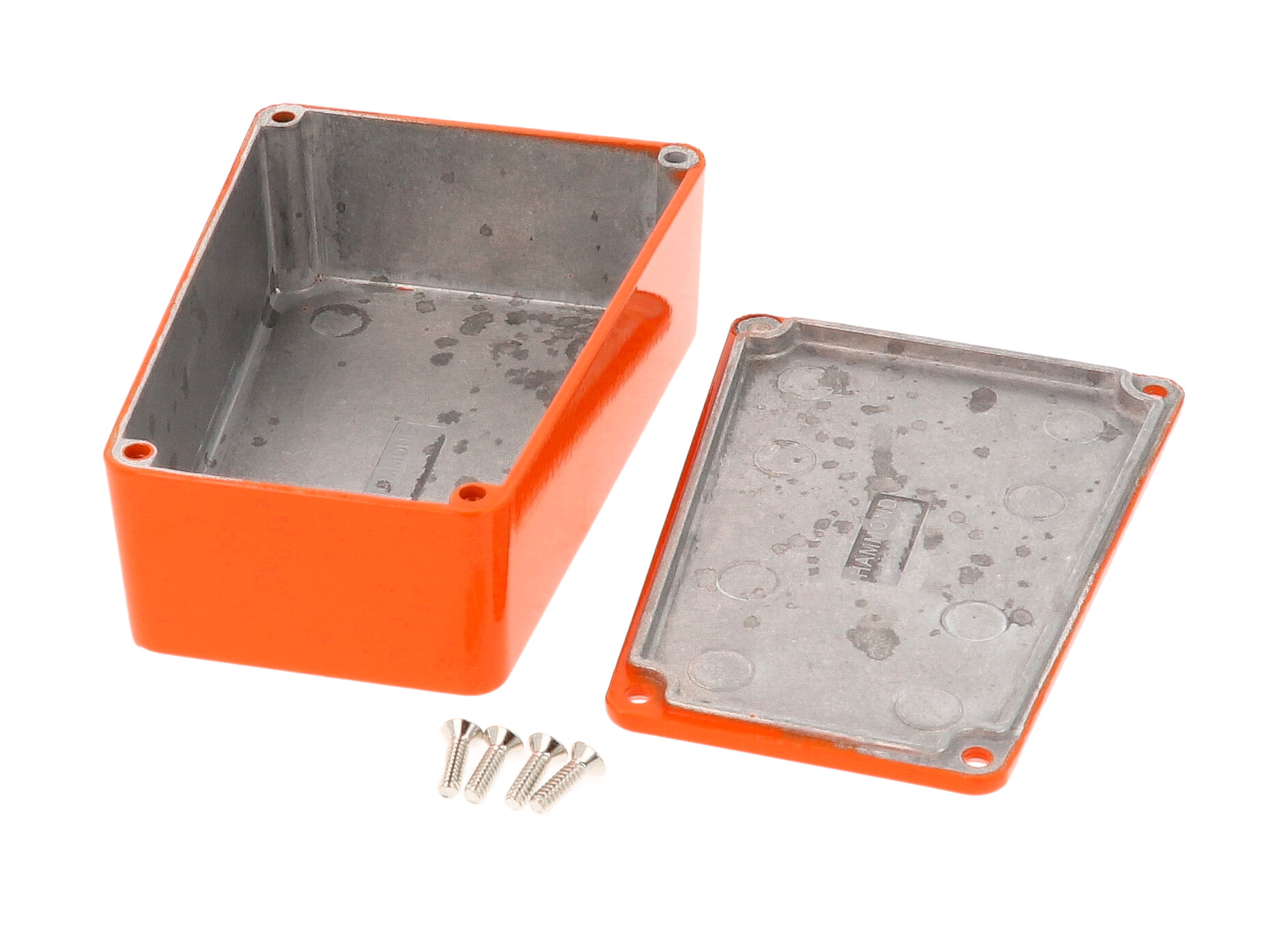 1590TRPBOR orange painted diecast aluminum narrow trapezoid stomp box enclosure with lid and cover screws