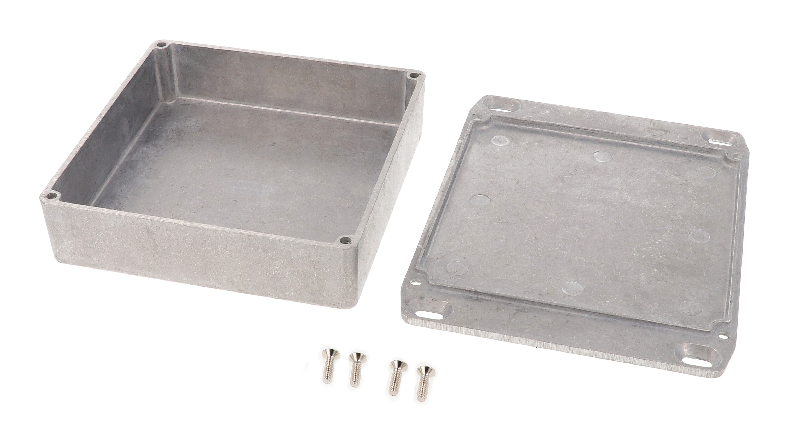 1590QFL natural aluminum diecast aluminum enclosure with wall-mounting flanged lid, 120 x 120 x 34 mm