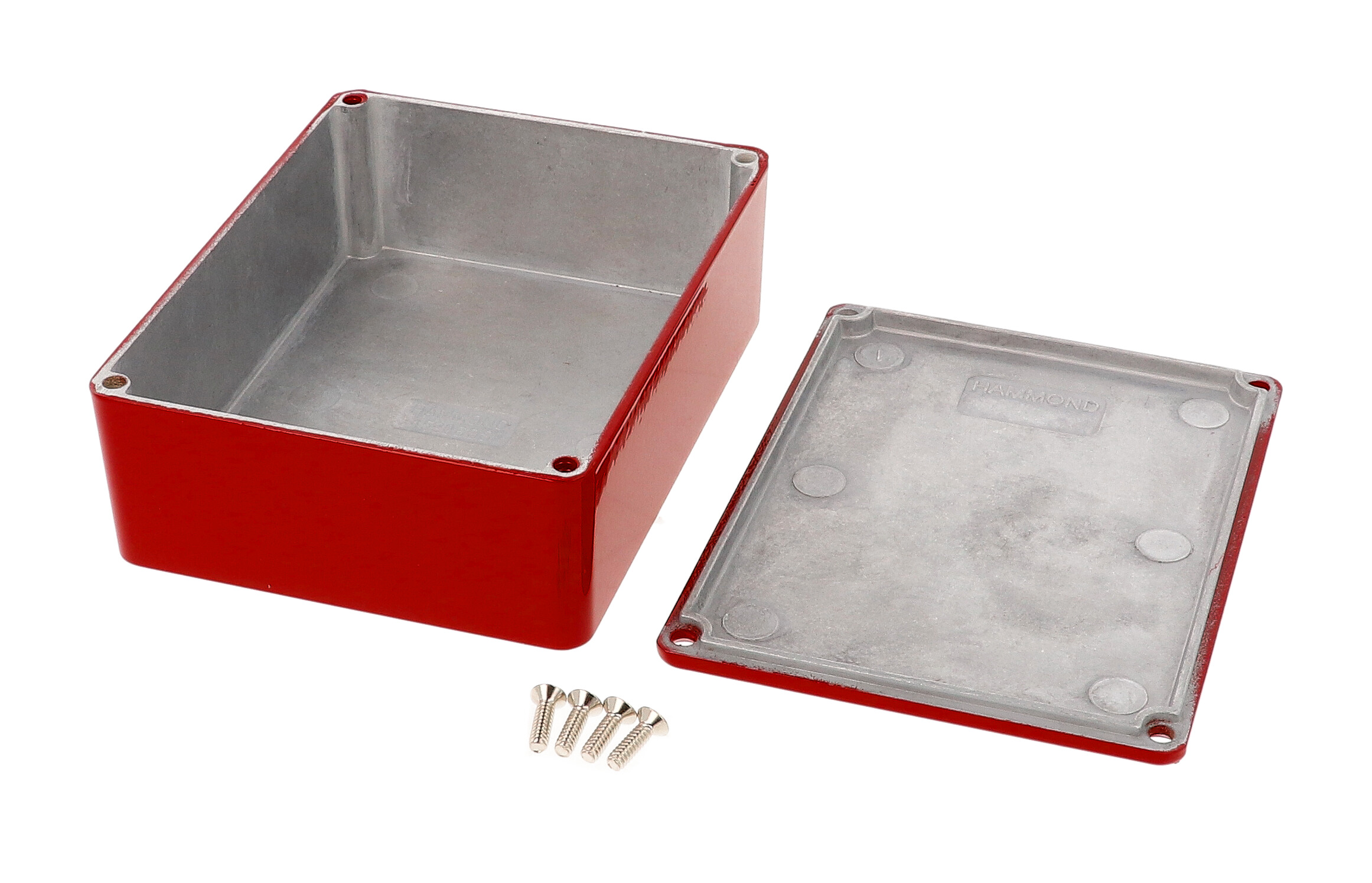 1590BBSRD red powder coated diecast aluminum stomp box enclosure, 120 x 94 x 42 mm, with lid