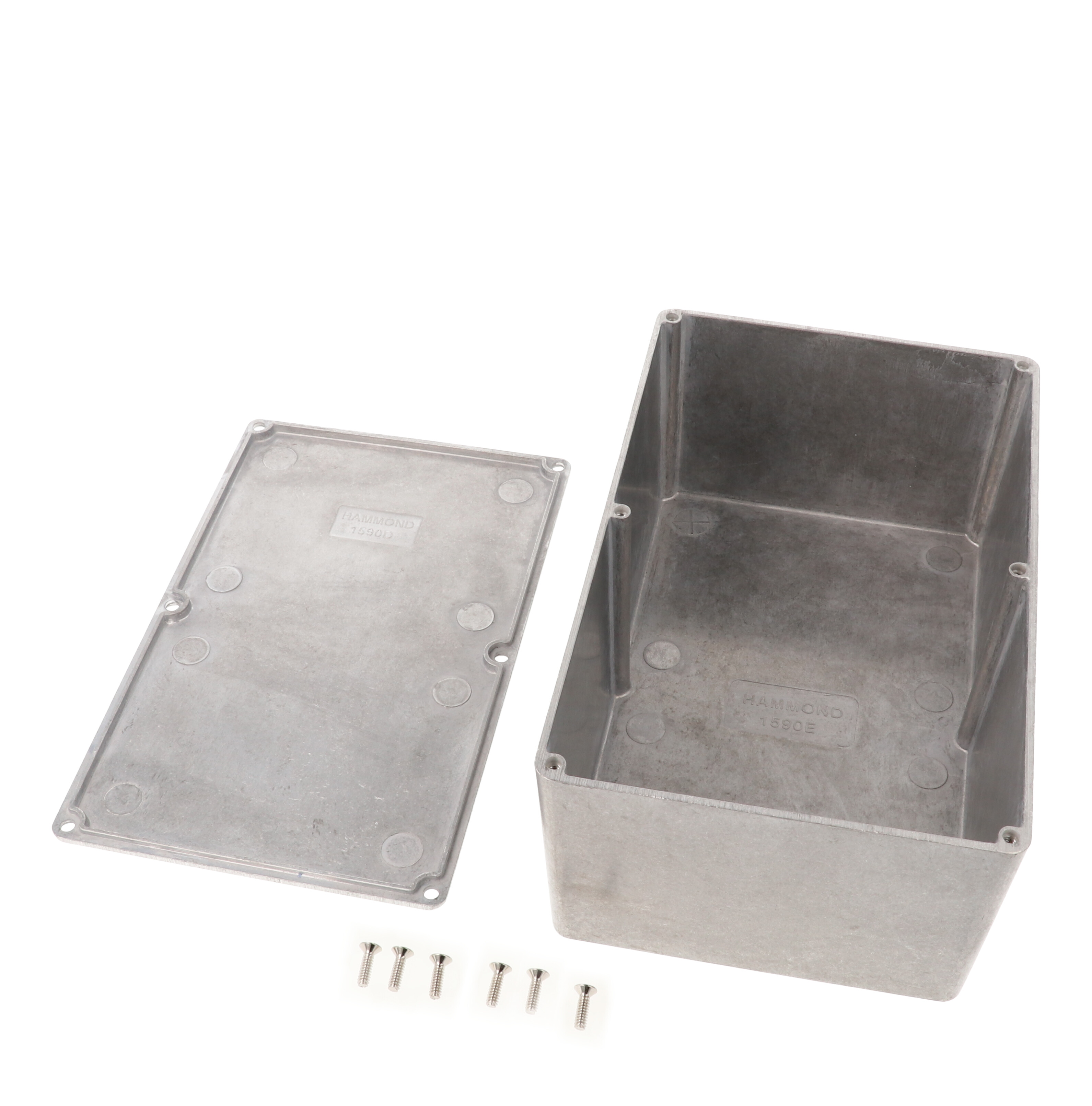 1590E natural diecast aluminum enclosure, 188 x 120 x 82 mm, with lid and six cover screws
