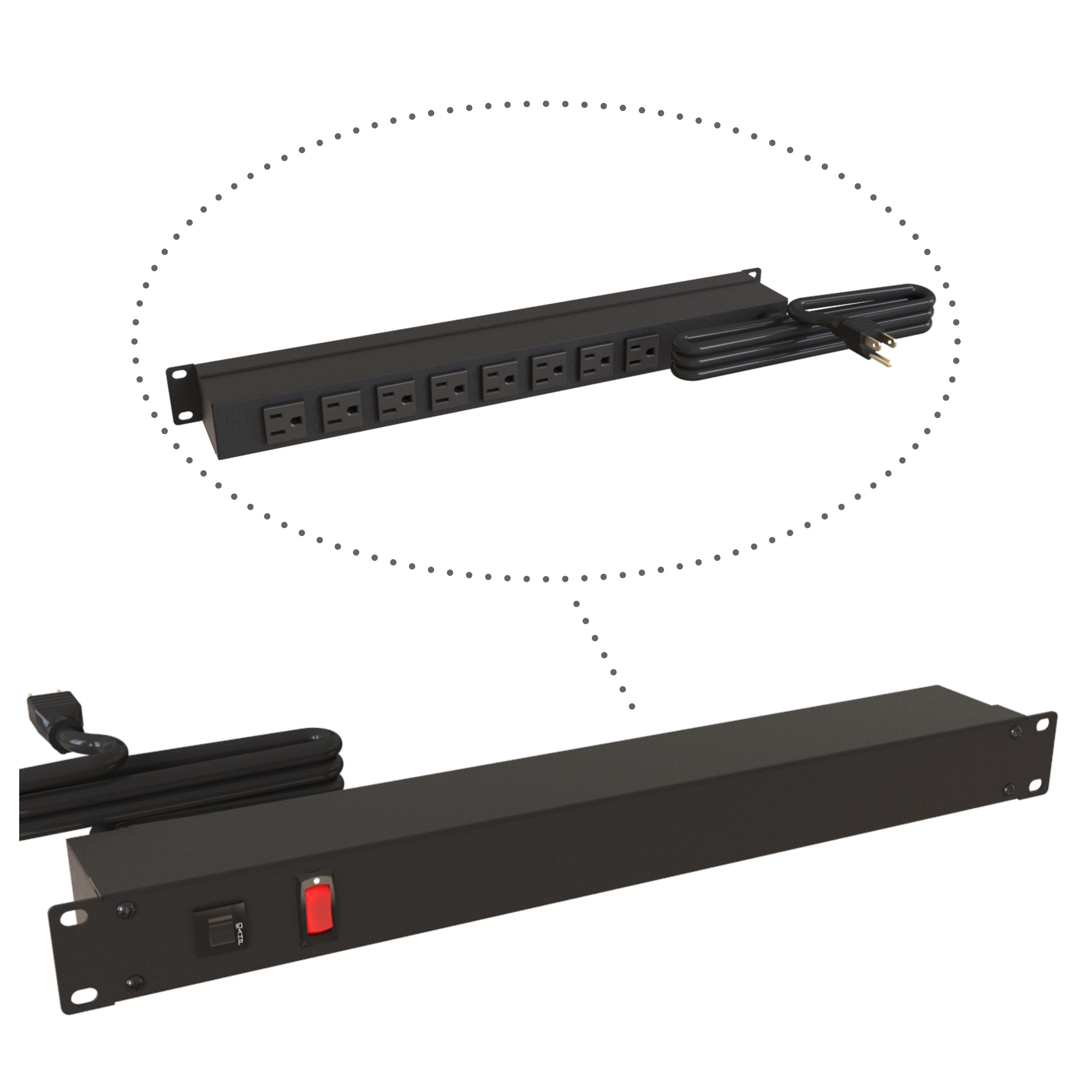 Hammond 1583H8B1BKV 1U 19-inch rack mount power strip in black with eight rear-facing NEMA 5-15R outlets, lighted on/off switch, circuit breaker and 15 ft shielded NEMA 5-15P cord