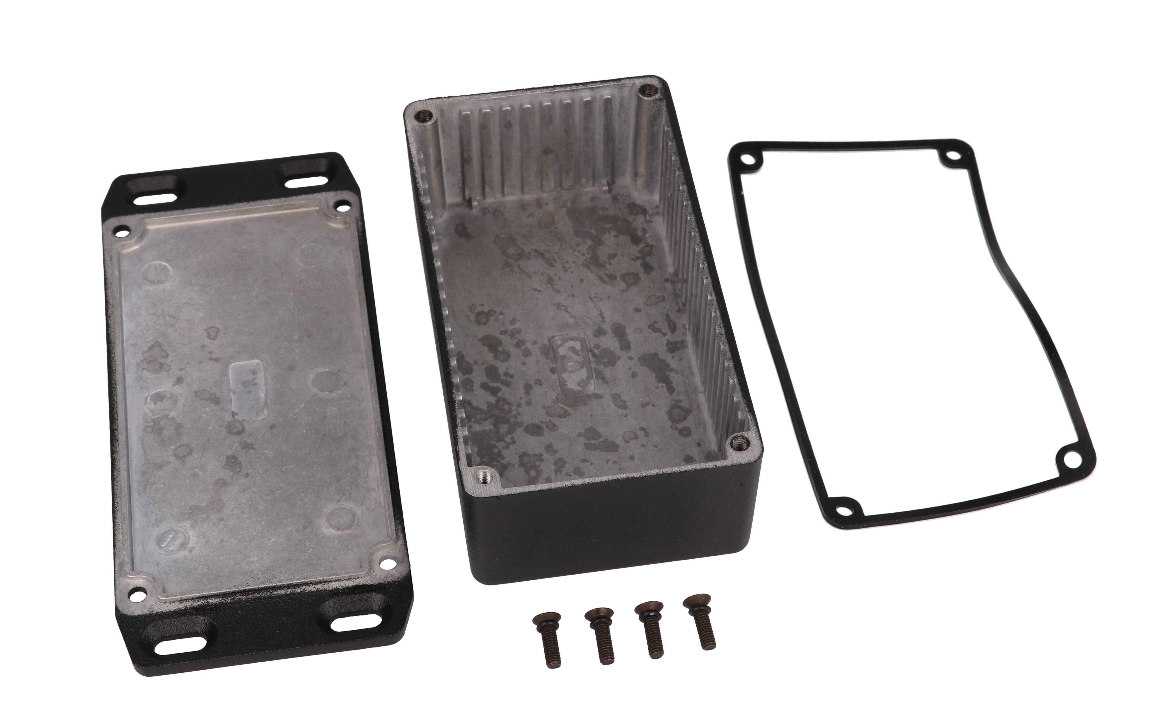 1590WNFLBK textured black watertight diecast enclosure, 121 mm x 66 mm x 36 mm, with flanged mounting lid