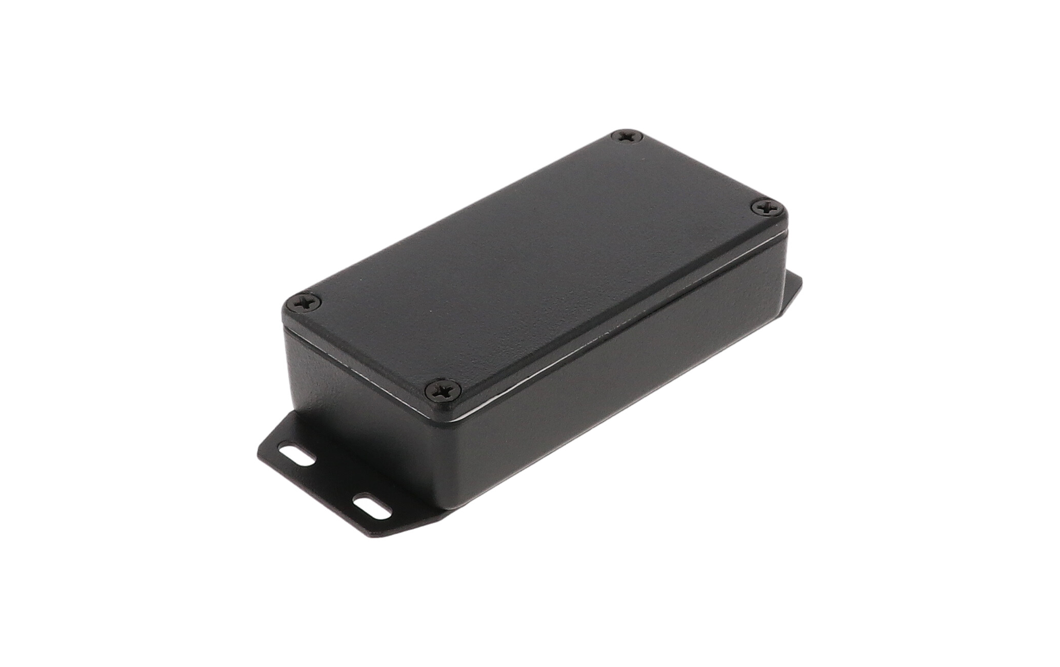 1590WGFBK black textured IP65 watertight diecast enclosure, 100 x 50 x 25 mm, with flanged bottom plate