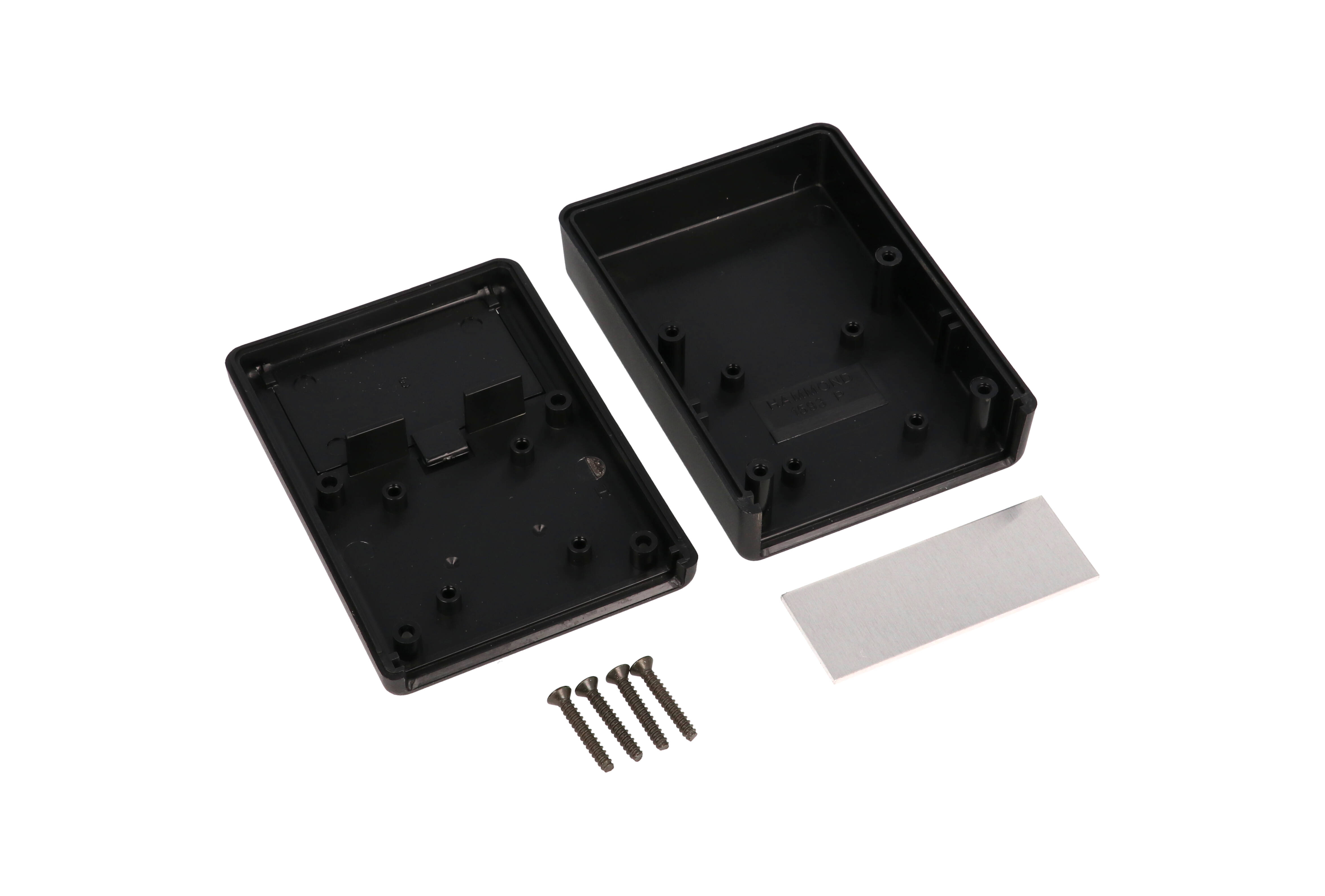 1593PALBK black ABS handheld enclosure with battery door and aluminum front panel