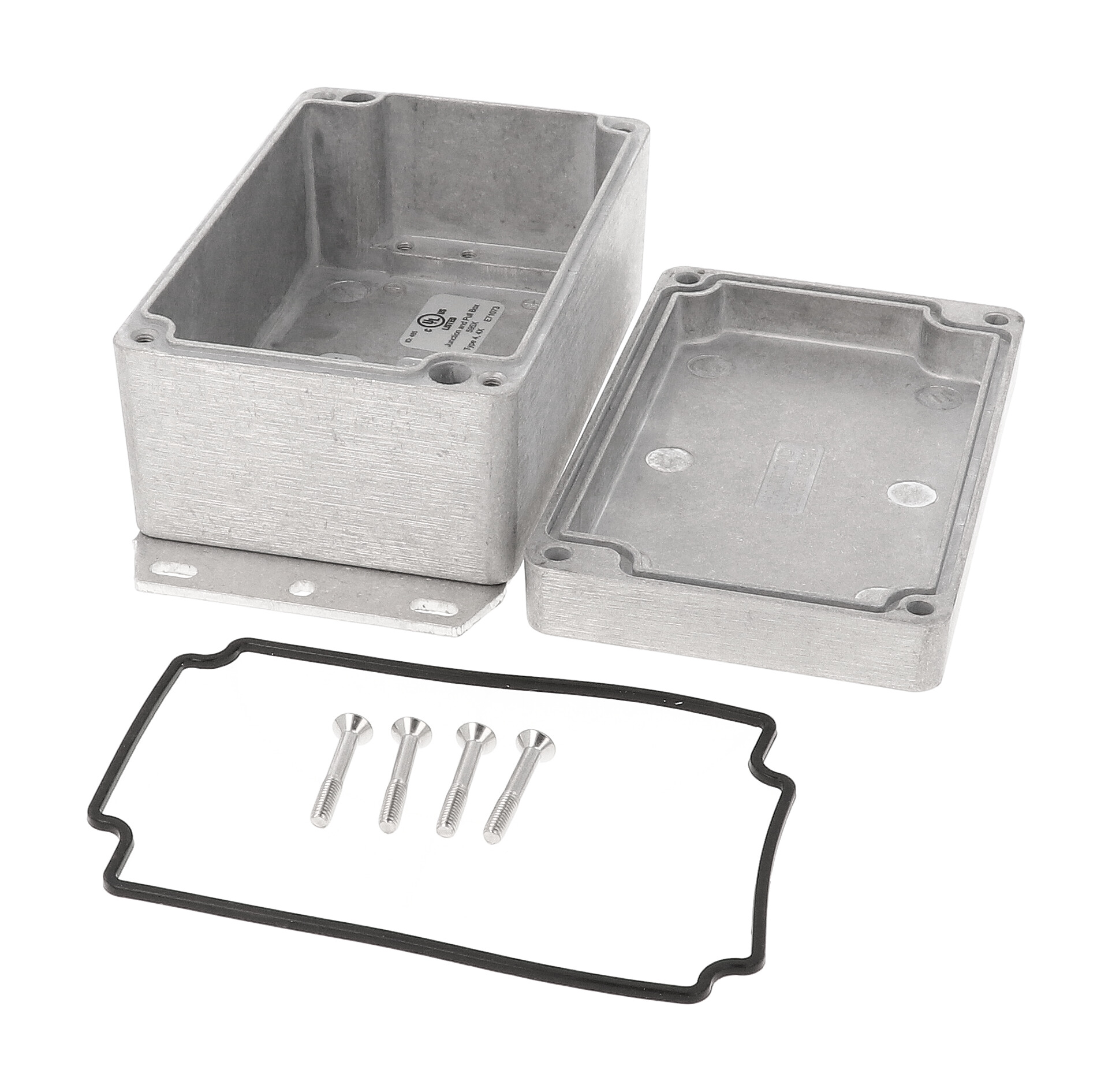 1550Z108F unpainted natural aluminum watertight diecast enclosure with flanged base and screw-down lid, 152x81x61 mm