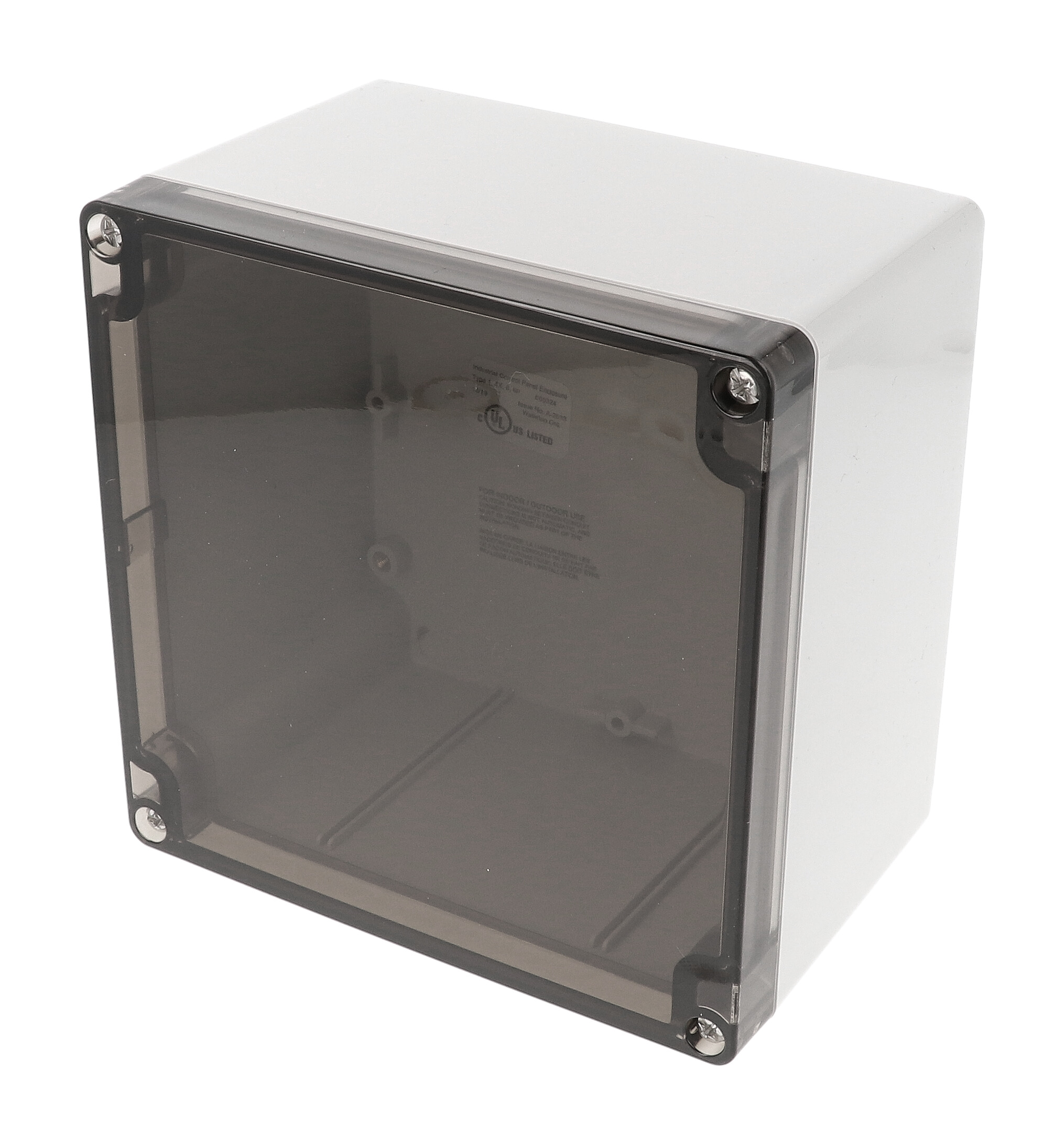 1554QA2GYSL light gray polycarbonate enclosure with smoked lid, 140 x 140 x 90 mm