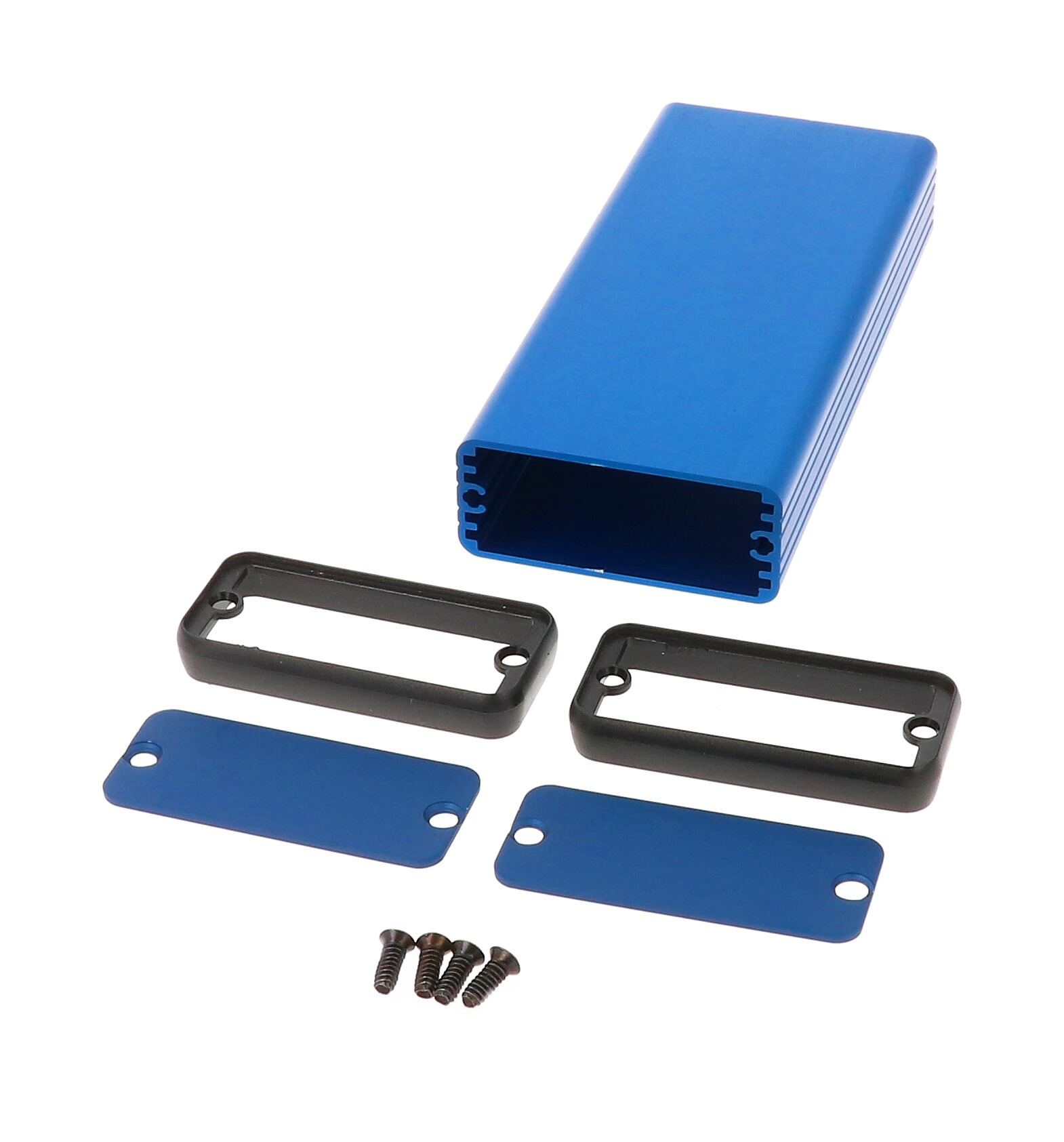 1455C1201BU blue anodized extruded aluminum PC board enclosure, 120 x 54 x 23 mm, with metal end panels