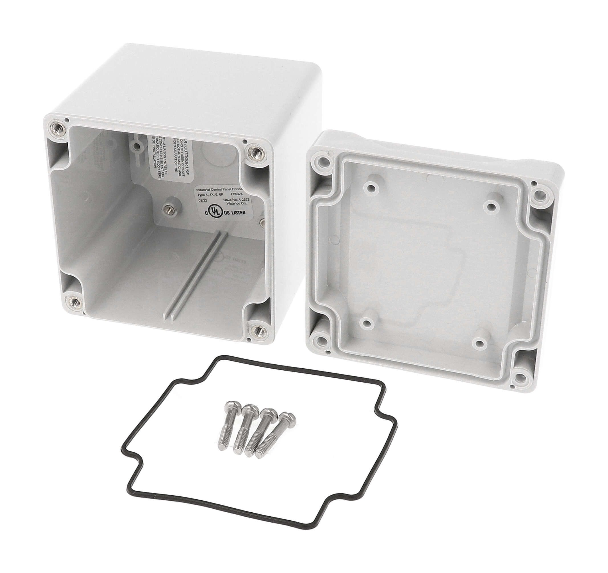 1555EE2GY light gray deep polycarbonate NEMA 4X enclosure, 90 x 90 x 91 mm