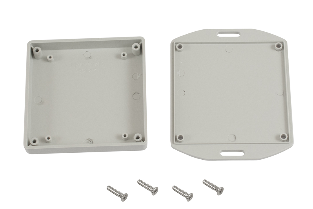 1551XXFLGY light grey ABS plastic miniature enclosure with flanged lid, 80 x 80 x 15 mm