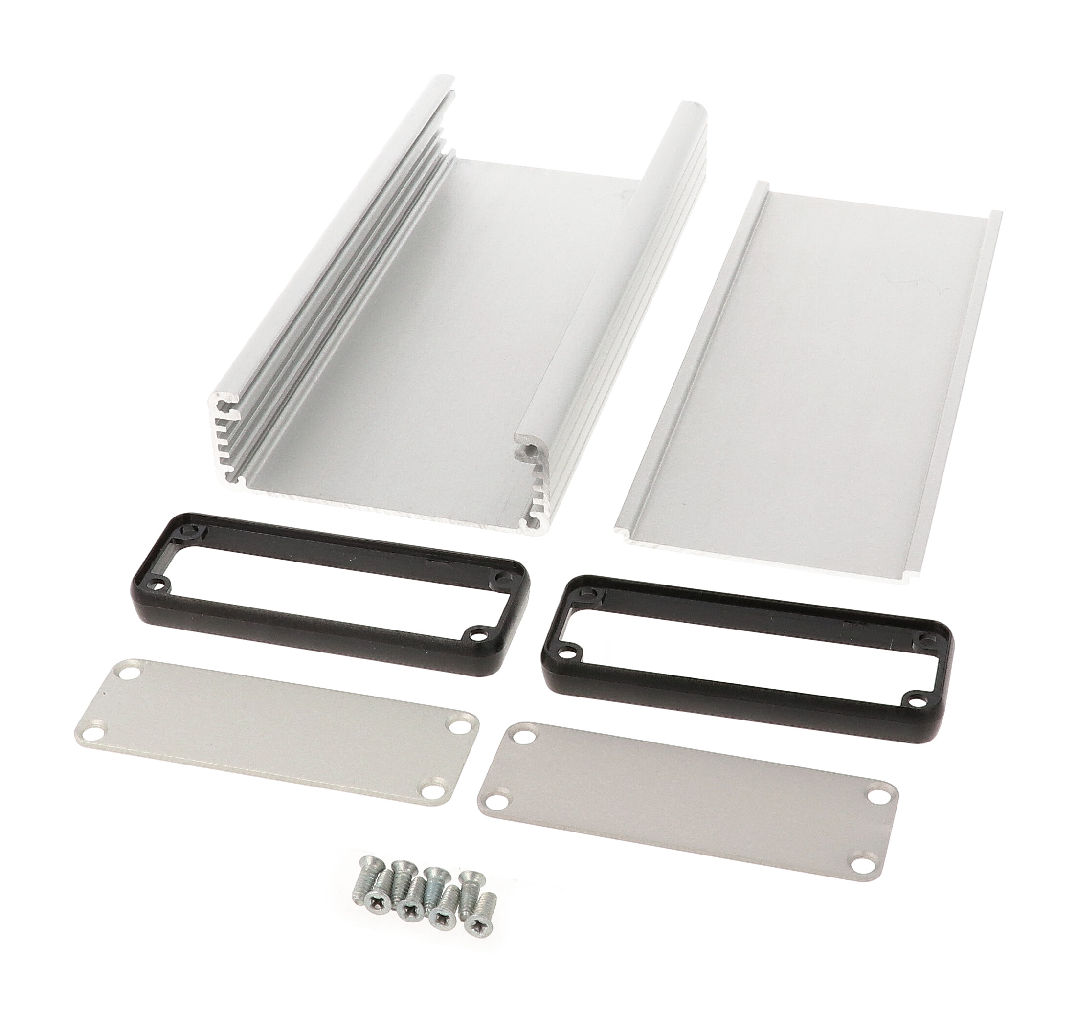 1455J1601 clear anodized extruded aluminum enclosure, 160 x 78 x 27 mm, with aluminum end panels and open bezels