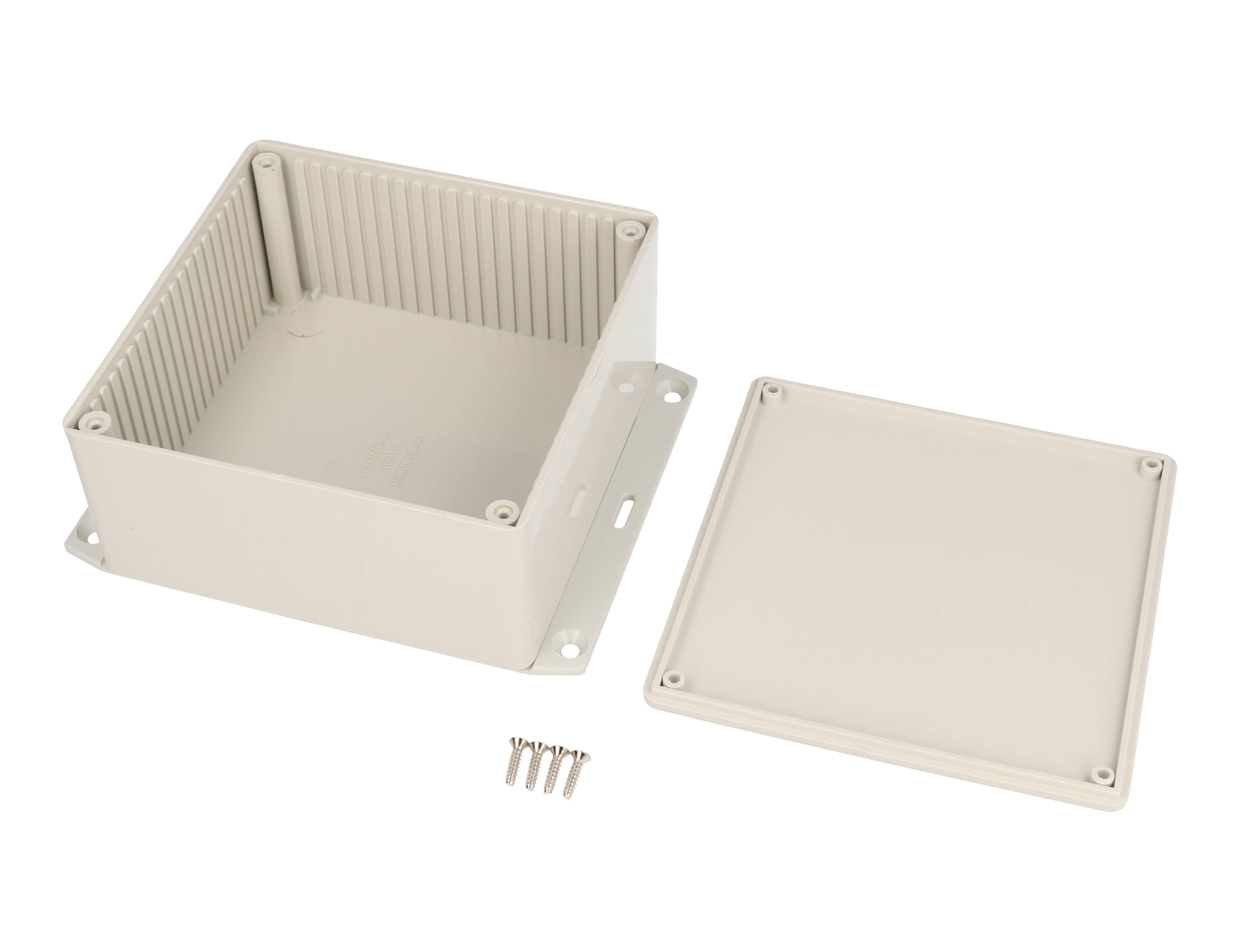 1591UF2SGY light gray general purpose ABS enclosure with bottom flange, 120 x 120 x 59 mm