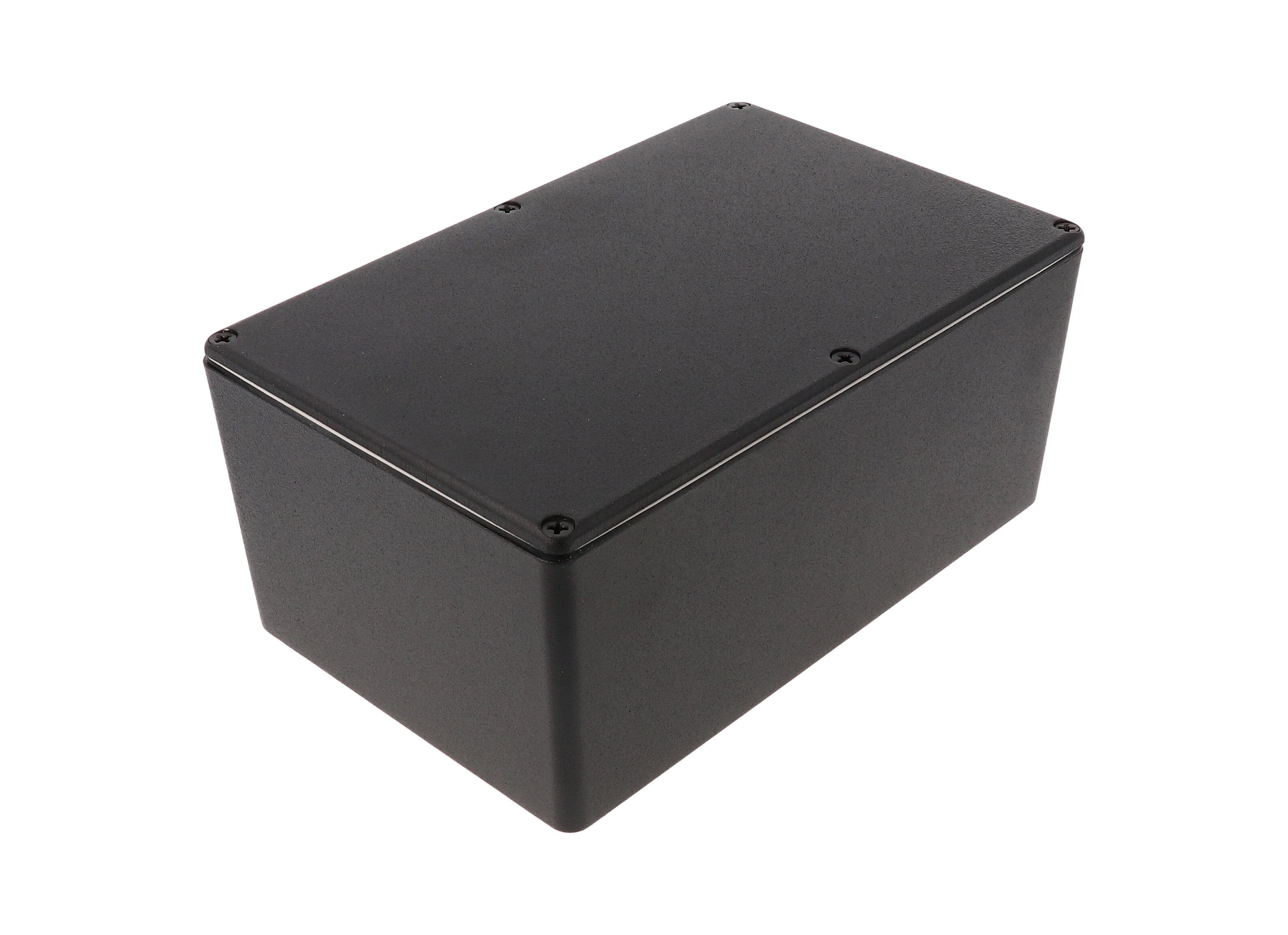 1590WEBK textured black watertight diecast aluminum enclosure, 188 x 120 x 82 mm, with lid and cover screws