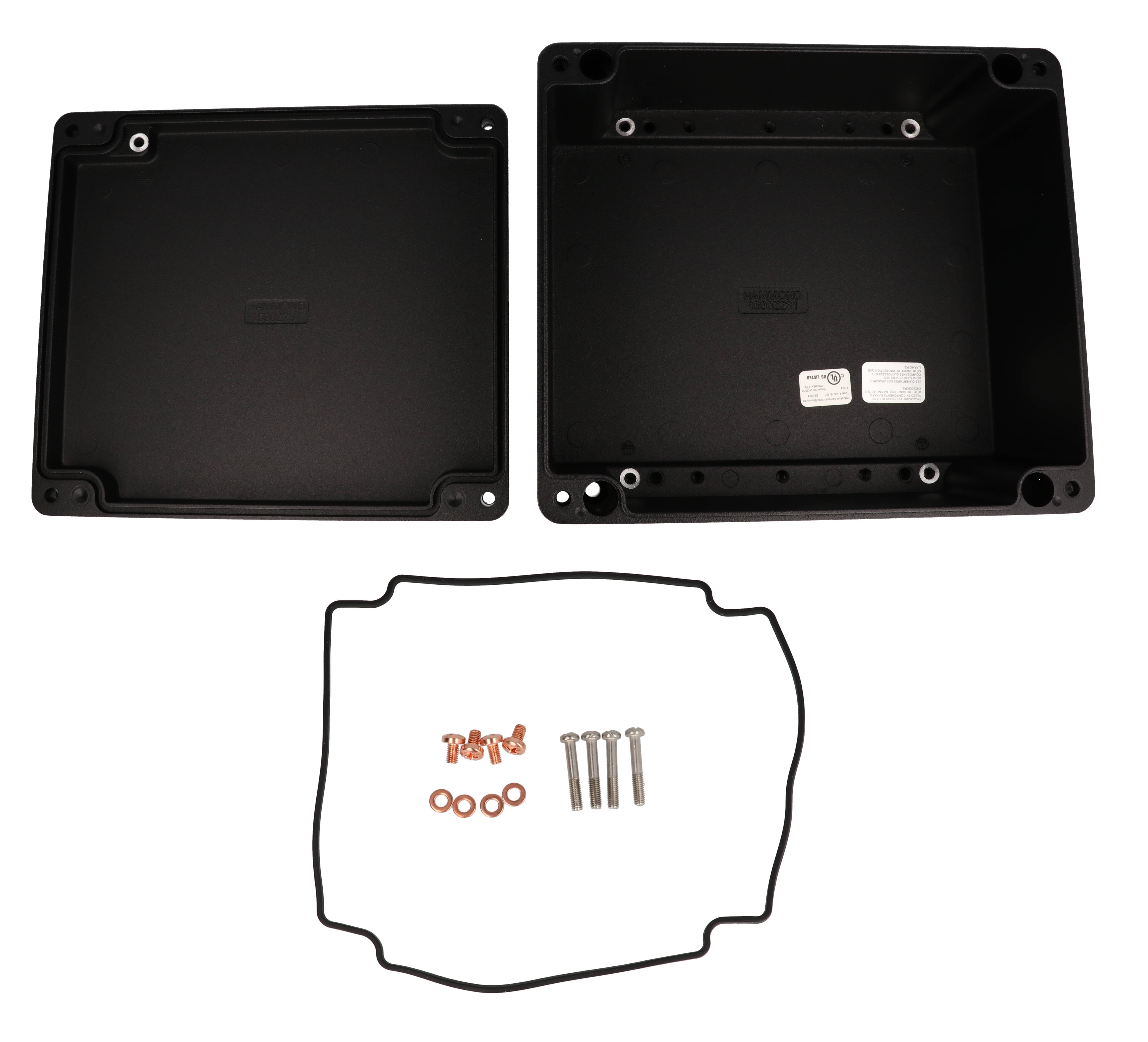1590Z231BK black 200 x 230 x 110 mm diecast aluminum enclosure with lid and recessed screws