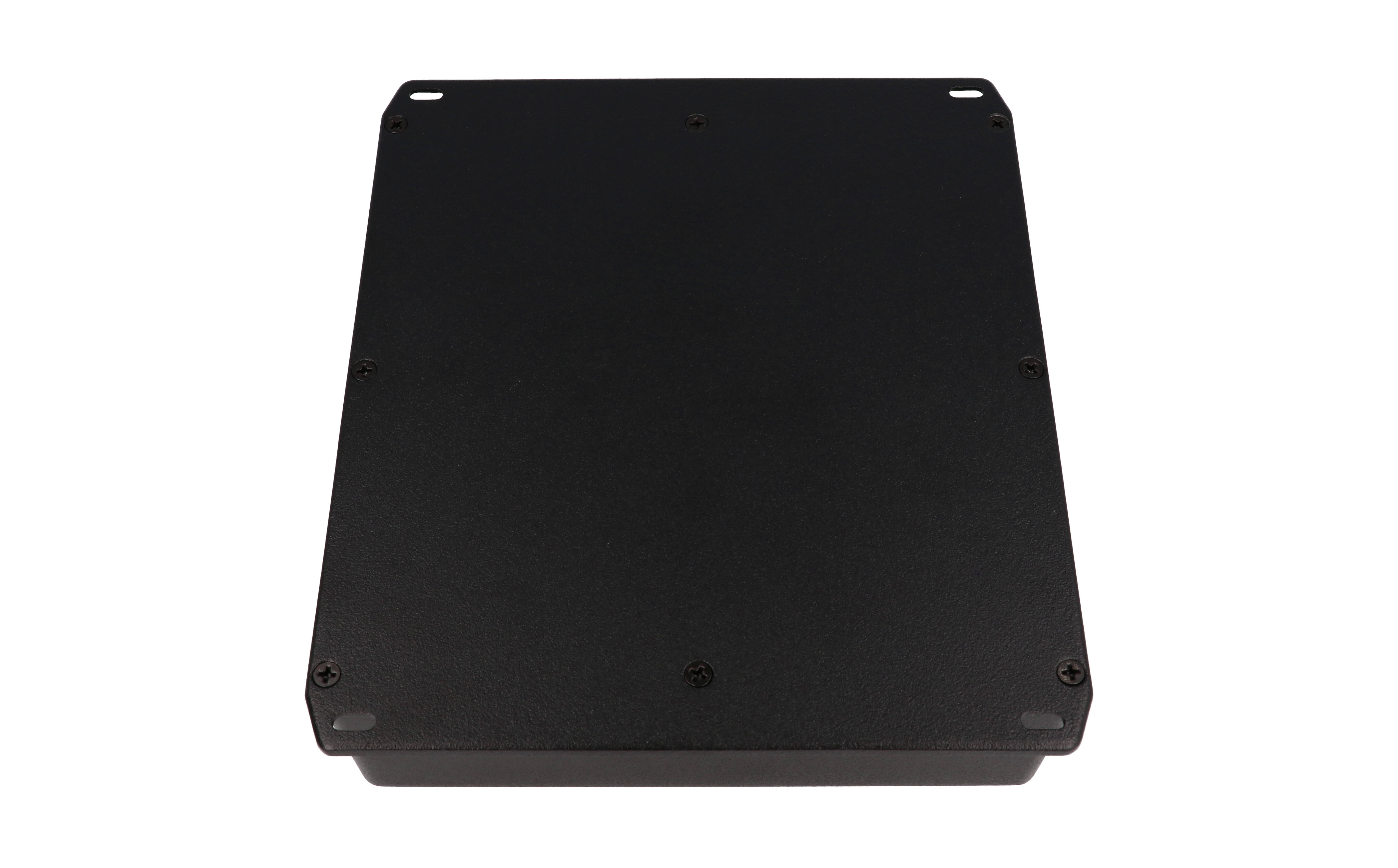 1590FFLBK textured black diecast aluminum enclosure with wall-mounting flanged lid, 188 x 188 x 67 mm
