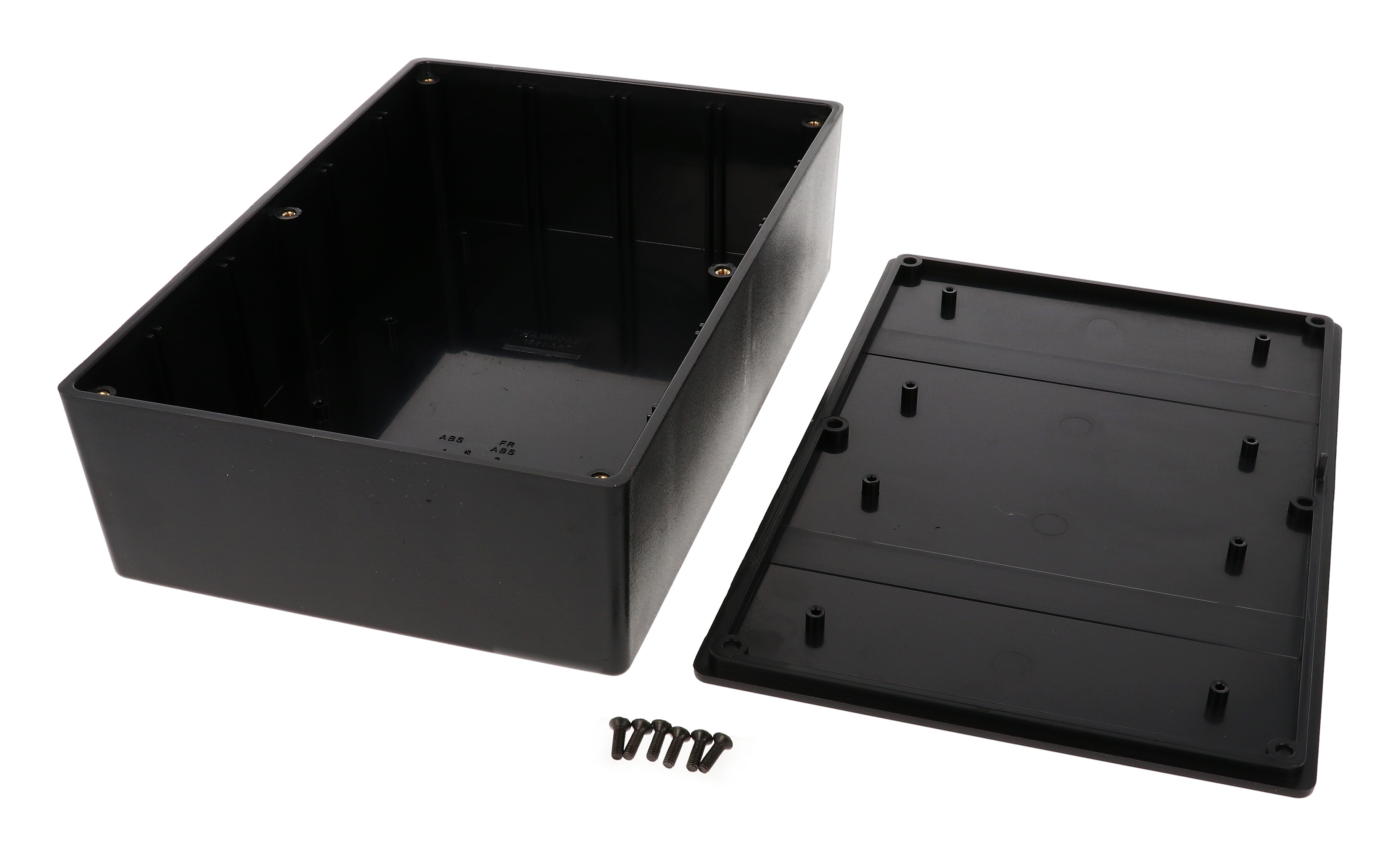 Hammond 1591XXFBK black ABS plastic enclosure, 1591XXF size, box and lid shown