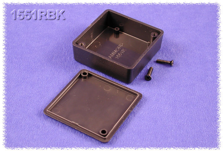 1551RBK black ABS plastic miniature enclosure, 50 x 50 x 20 mm, with lid and screws