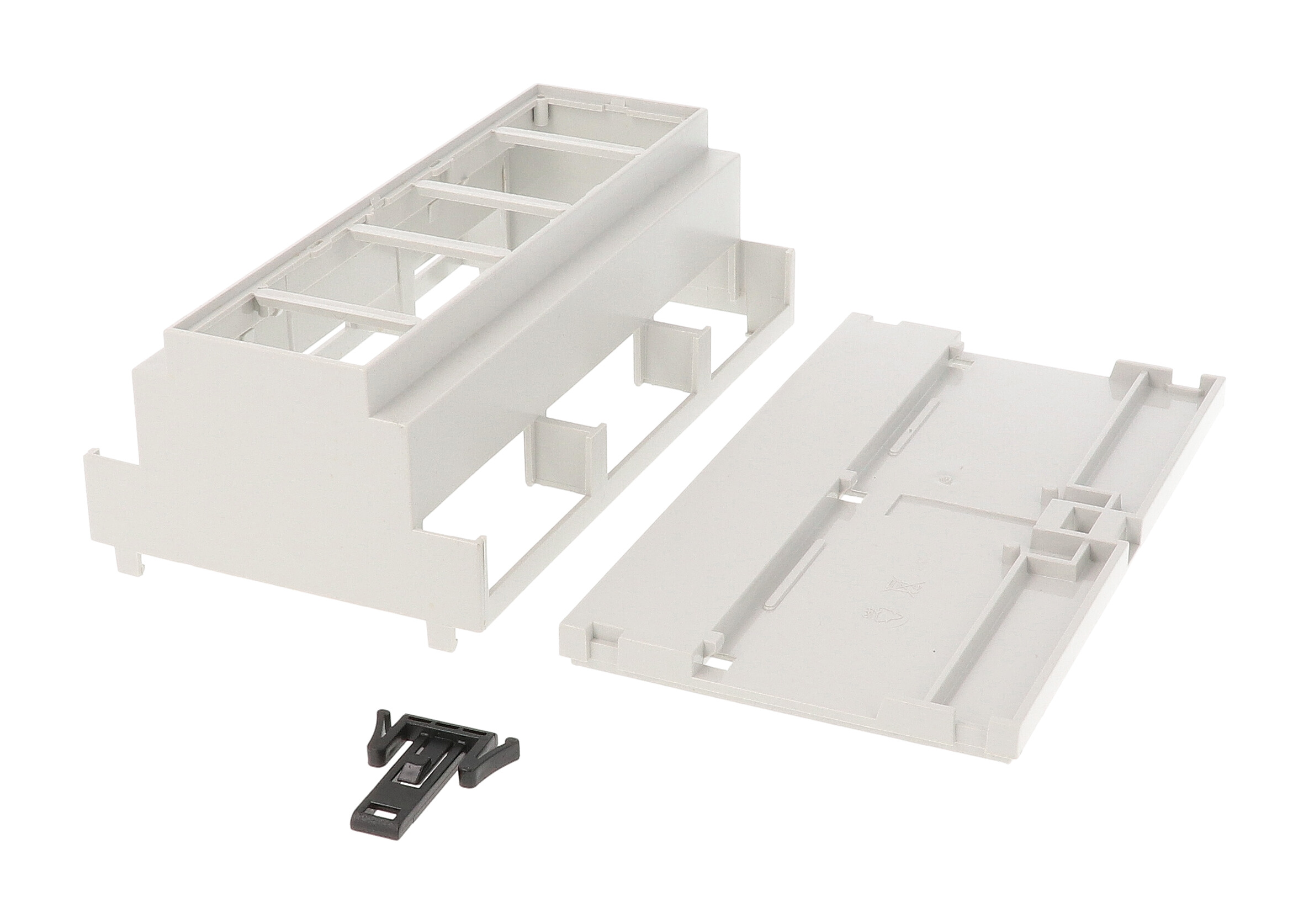 1597DIN9MDH53 light grey DIN9 rail enclosure with open top and open terminals on both sides